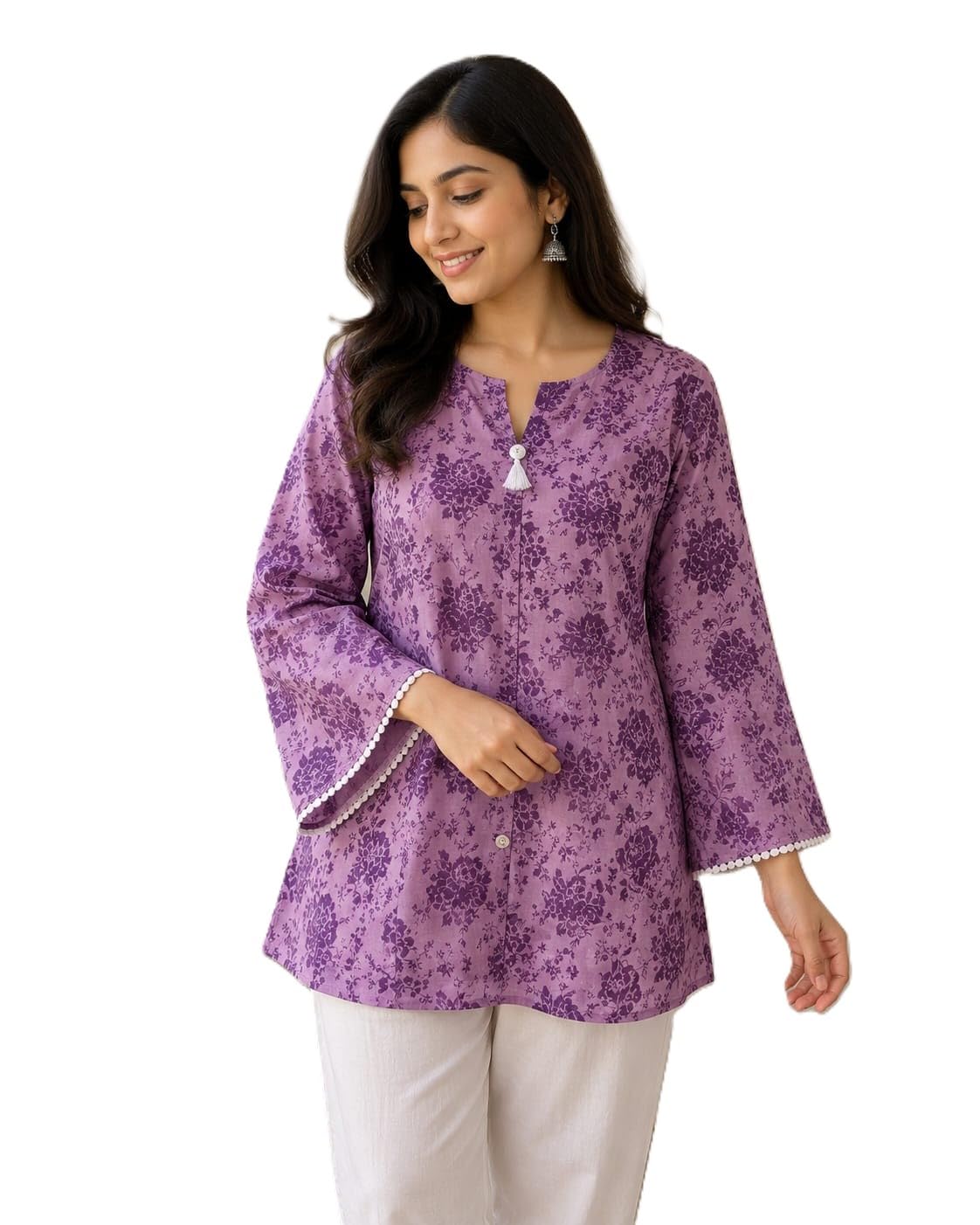 Women's Floral Printed Transparent Cotton Kurti Top for Women Casual Ethnic Wear Bell Sleeves Round Neck Tunic Stylish Office Wear Comfortable Summer Kurta Purple-picture-49