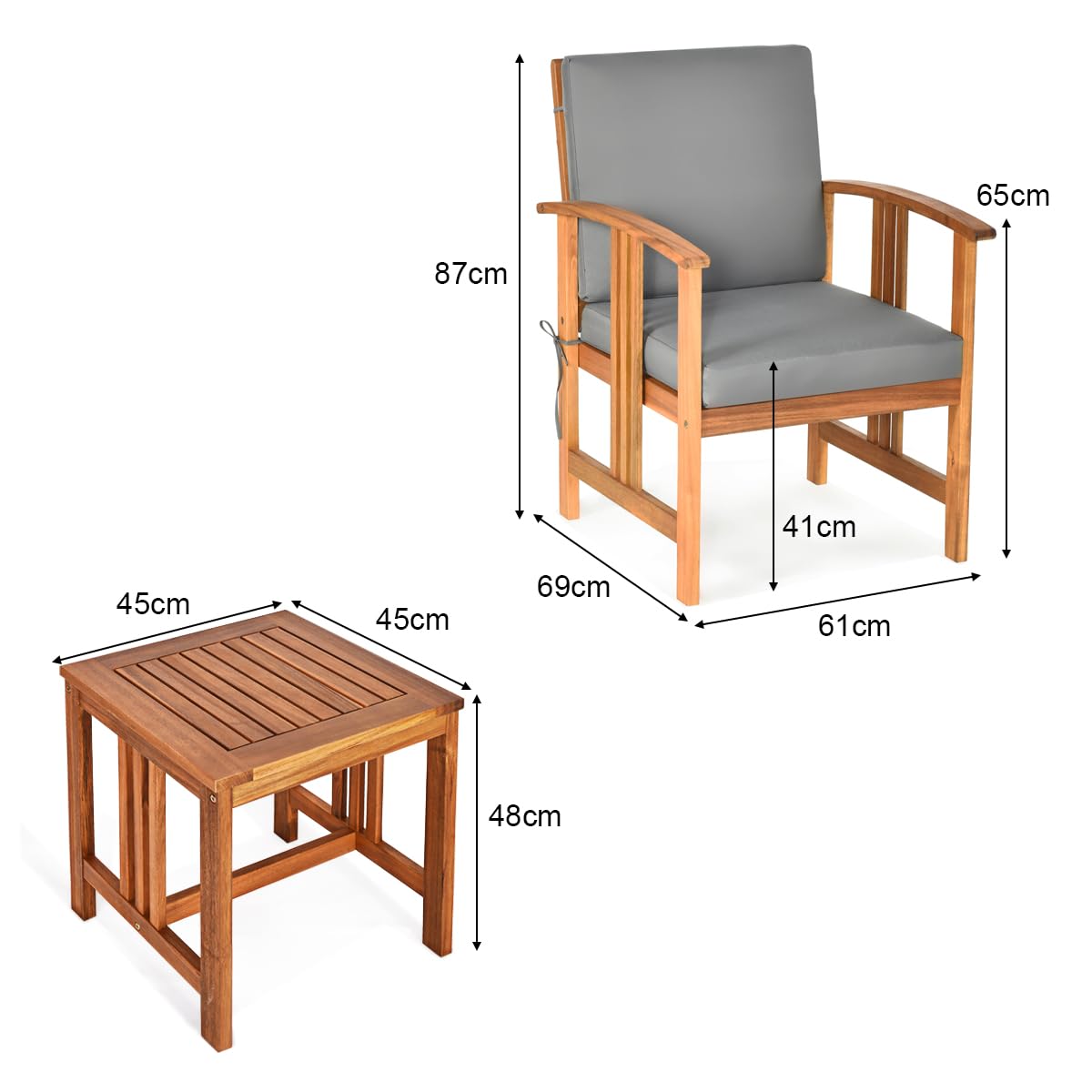 COSTWAY Conjunto Jardin Exterior de 3 Piezas, Madera de Acacia | , 2 Sillas y Mesa de Café, Cojines de Asiento y Respaldo Extraíbles, Muebles Conversación Jardin Terraza Balcon Exterior