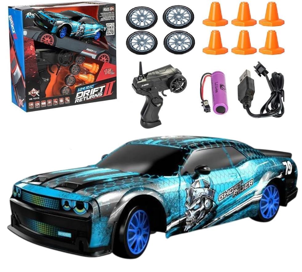 Image of RC Drift Car 2.4GHz 1:24 Scale 4WD Remote Control Car 15KM /H High Speed Drifting RC Cars with Cool Lights,and Extra Tires Toys for Kids.. (Blue)