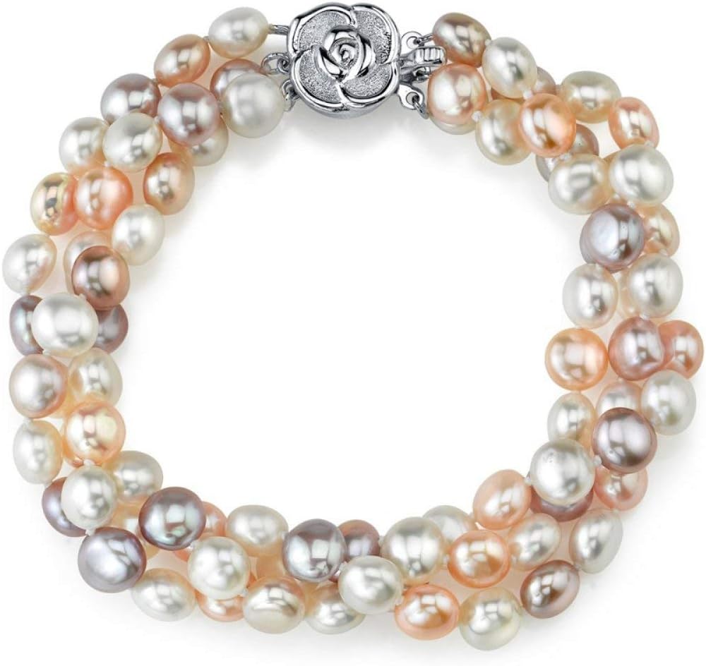The Pearl Source 5-6mm Genuine Multicolor Freshwater Cultured Pearl Bracelet for Women