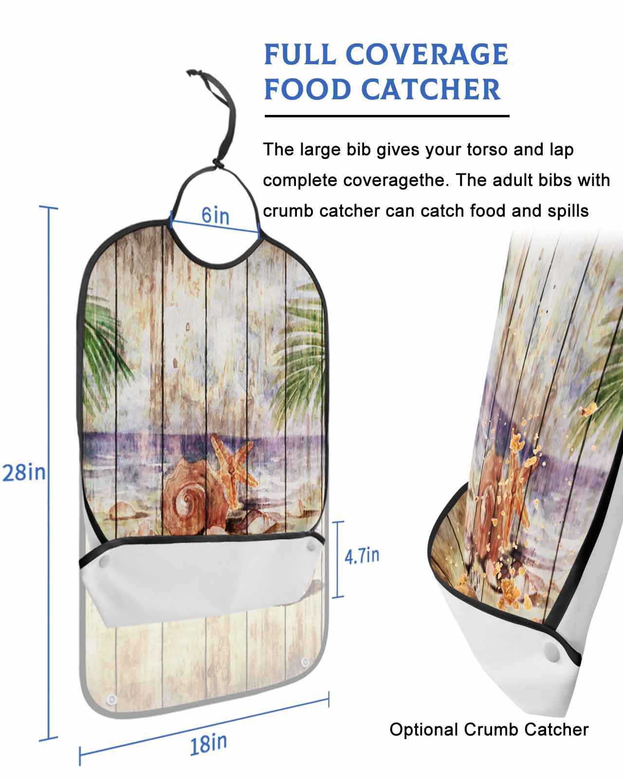 LEOKOTI Vintage Coastal Adult Bibs for Eating, Waterproof Bibs with Food Catcher & Adjustable Snap Closure, Seaside Nautical Shell Retro Wooden Washable Clothing Protectors Adult Bibs for Elderly