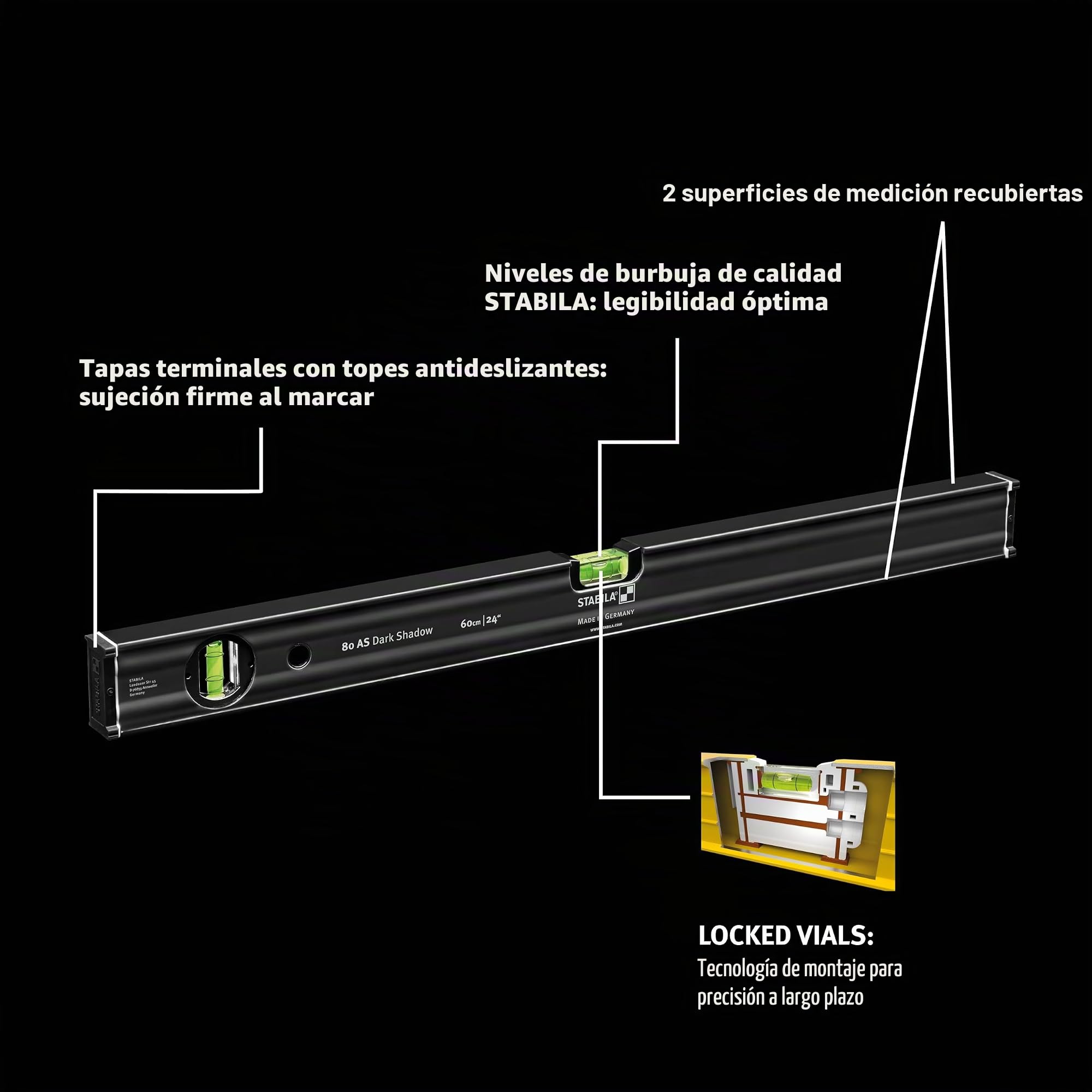 STABILA 80 AS Dark Shadow - Nivel de burbuja de 2 piezas (60 cm / 100 cm, revestimiento de antracita mate, perfil de aluminio reforzado, tope antideslizante integrado, fabricado en Alemania)