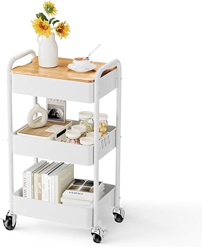Miniatura 9 de Carrito rodante de 3 niveles con tablero de mesa, carrito de utilidad de metal, carrito organizador de almacenamiento resistente con ruedas de