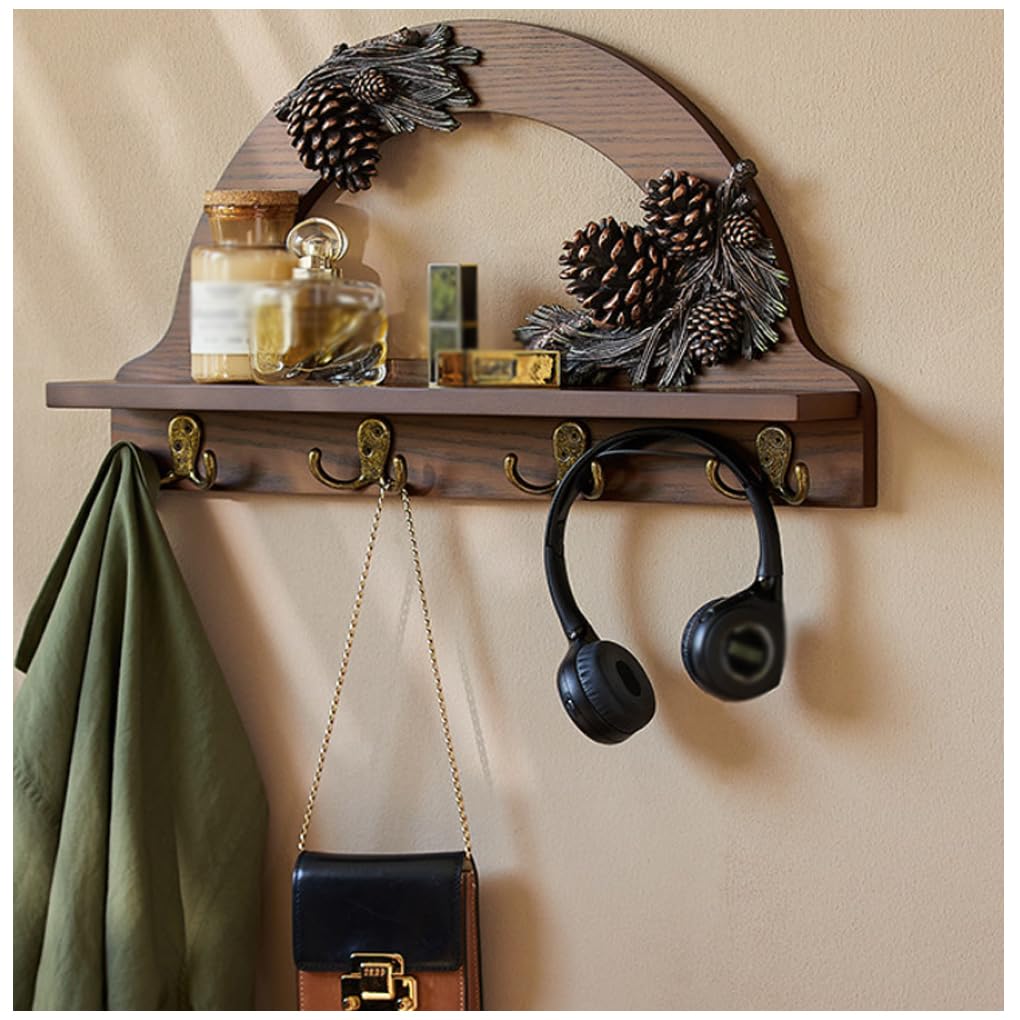 Qpkz Brown Coat Rack With Shelf Wall Mount, Wall Hooks Entryway Hanging Rack Coat Hooks Rail Clothes Towel Racks With 4 Hook For Coat, Bag, Towel