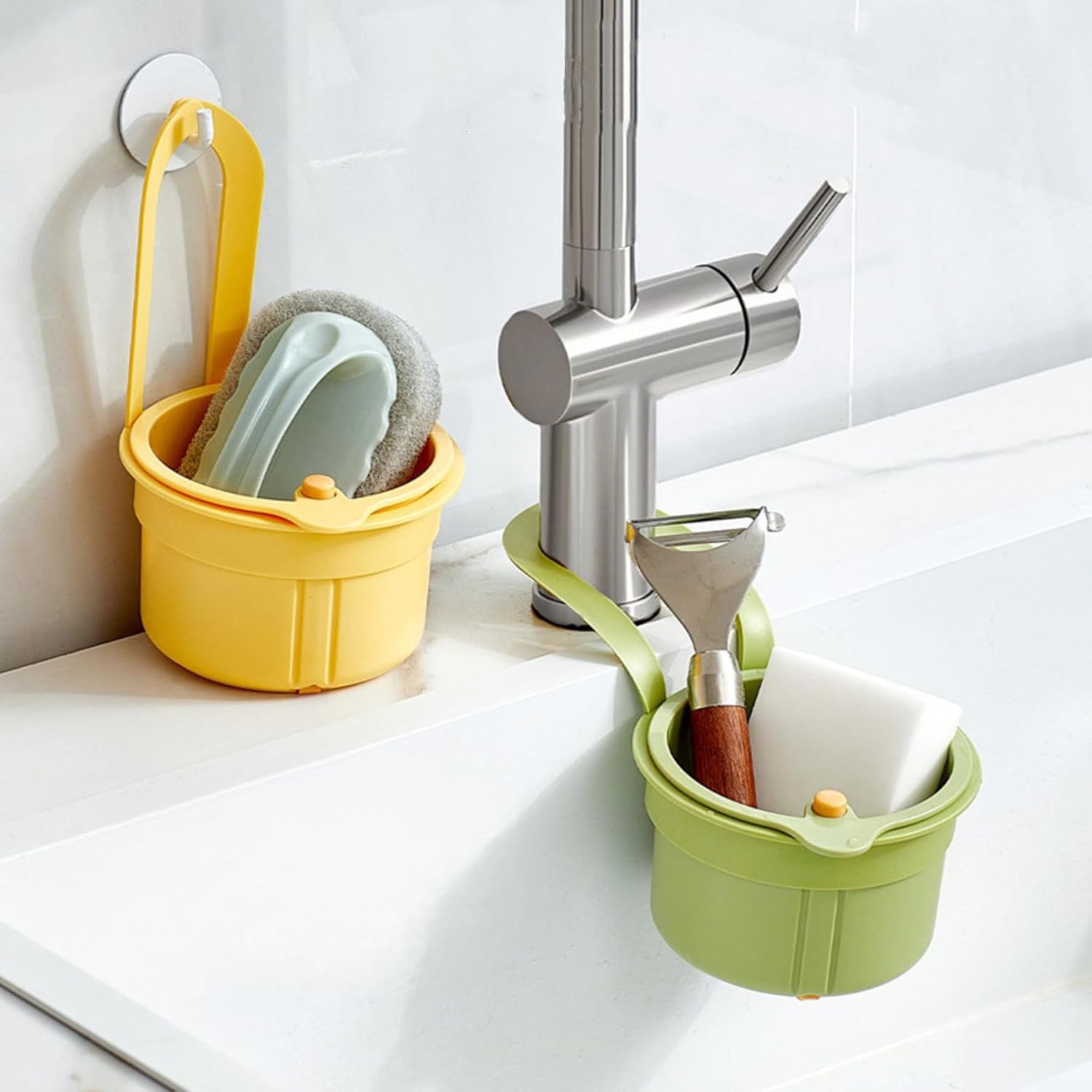 Scolapasta a Scatto per Lavello,Colino per lavello, filtro di scarico 3 in 1, Cestino filtro rimovibile per lavare e scolare,per Cucina, Lavandino (Giallo)