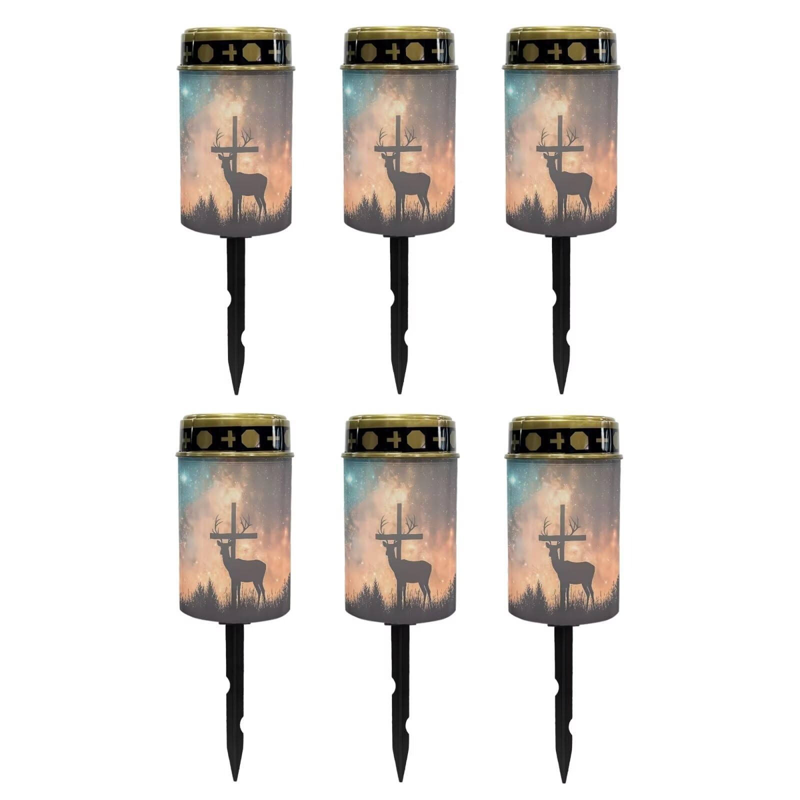 Poceacles 6 PCS Cross Solar Lights Outdoor for Garden Lawn Cemetery Grave Decorative Cemetery Solar Candle Grave Flameless Candle for Outside Home Decorations, Deer Cross Galaxy Shiny