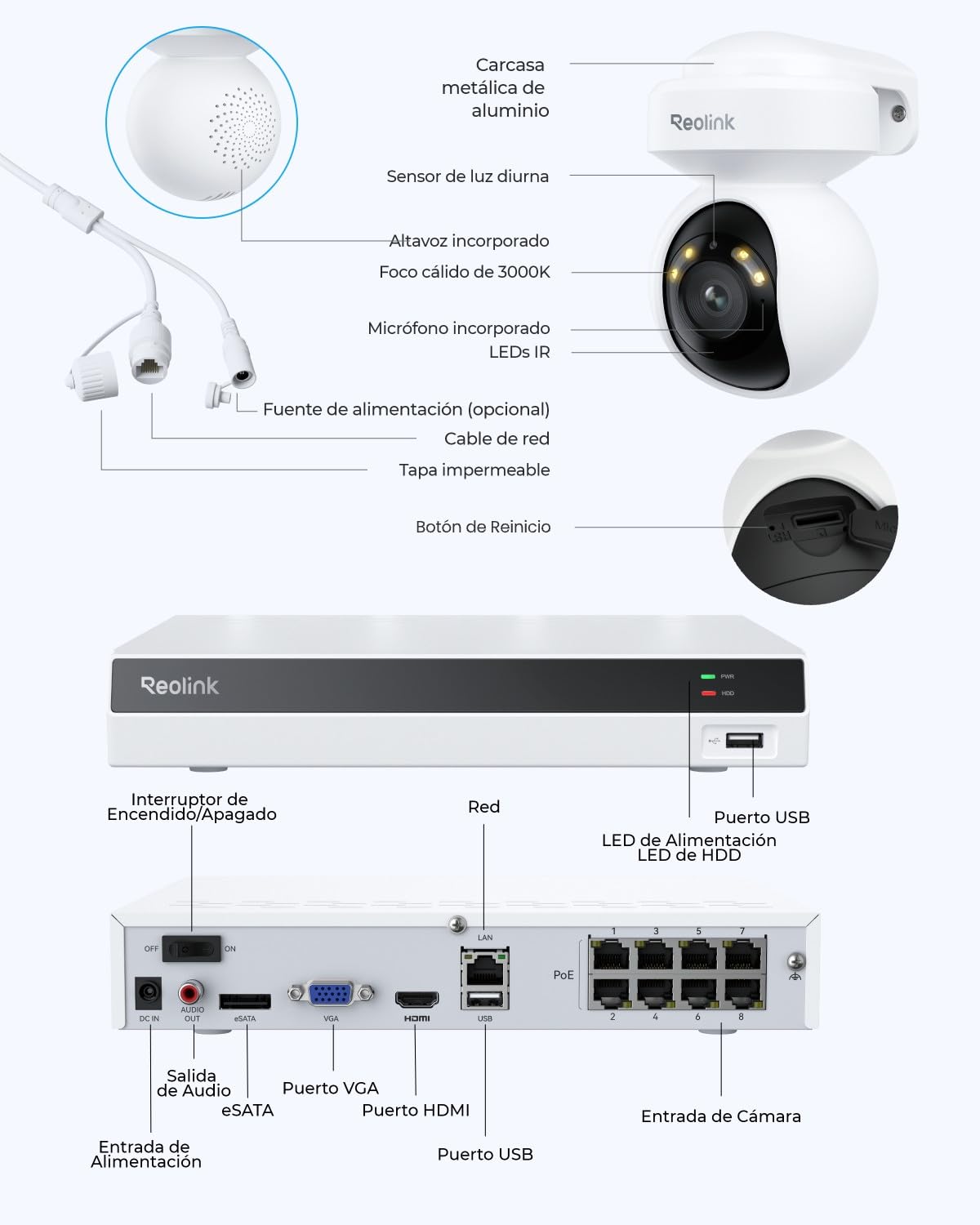 Sistema de seguridad 4K PoE, panorámica 355° e inclinación 50°, autoseguimiento, detección de persona/vehículo/animal, NVR 8CH HDD 2TB para uso interior/exterior, grabación 24/7, 4 cam 4K, RLK8-800PT4