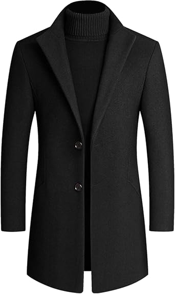 Maiyifu-GJ Mens Mid-Length Trench Coat Notch Lapel 2 Buttons Business Overcoat Single Breasted Wool Blend Top Pea Coats