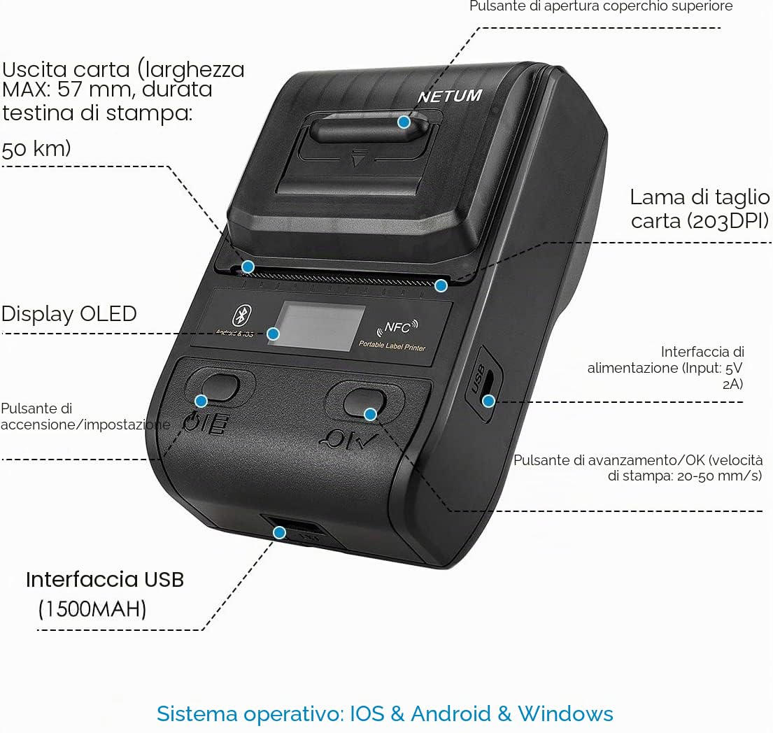NETUM 58mm Stampante per etichette termiche Bluetooth con batteria ricaricabile, per ufficio, magazzino, spedizione, abbigliamento e gioielli, NT-G5