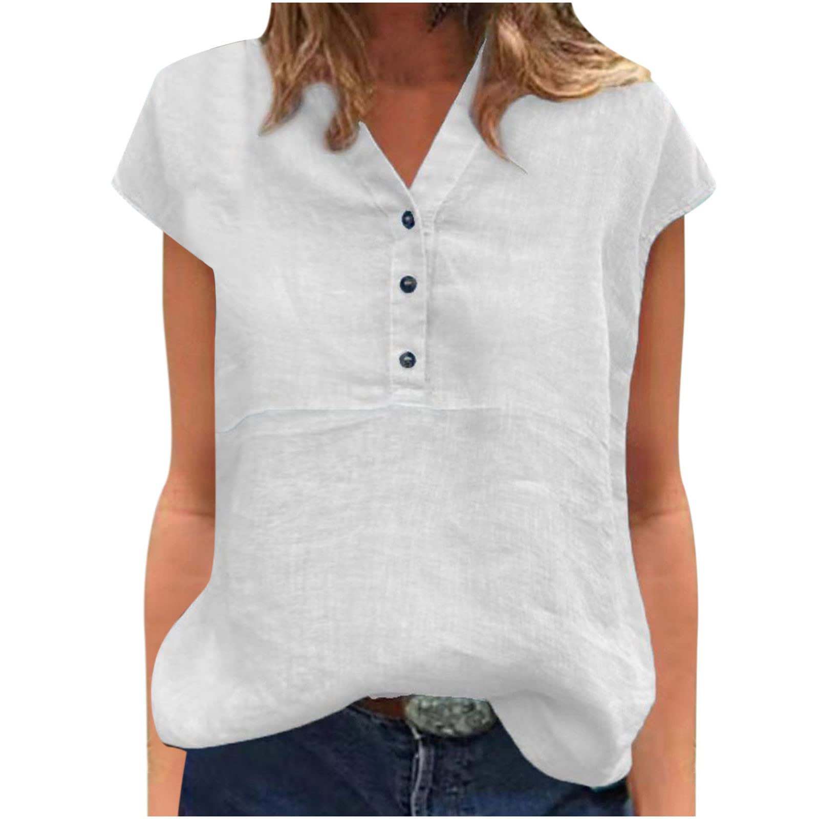 SMIDOWWomen's Short Sleeve Cotton Linen Tops Solid Color Plain Tops Blouses Basic Crop Tees T-Shirt Summer Fashion 2023