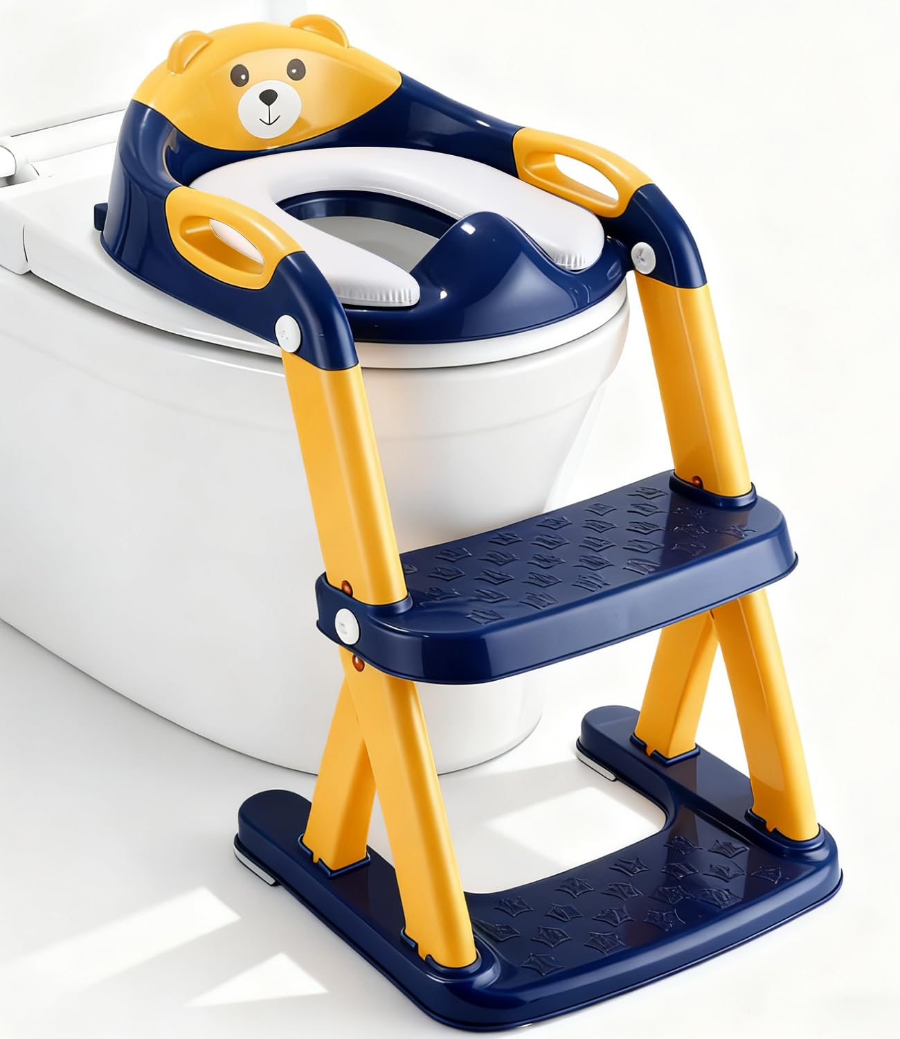 Siège de toilette pour enfant avec escalier - 2 en 1 - Avec siège rembourré - Hauteur réglable - Pliable - Marchepied antidérapant - Jaune