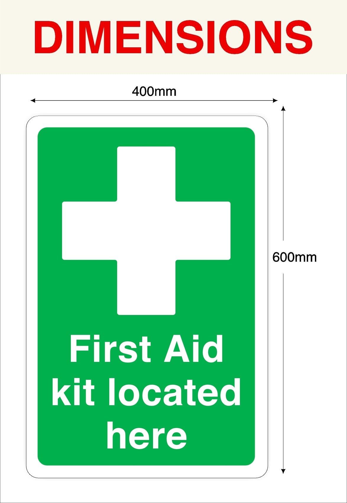 First Ald Kit Located Here – Sicherheitsschild, 3 mm Aluminium-Dibond für den Innen- und Außenbereich (600 mm x 400 mm), 20 m Sichtabstand