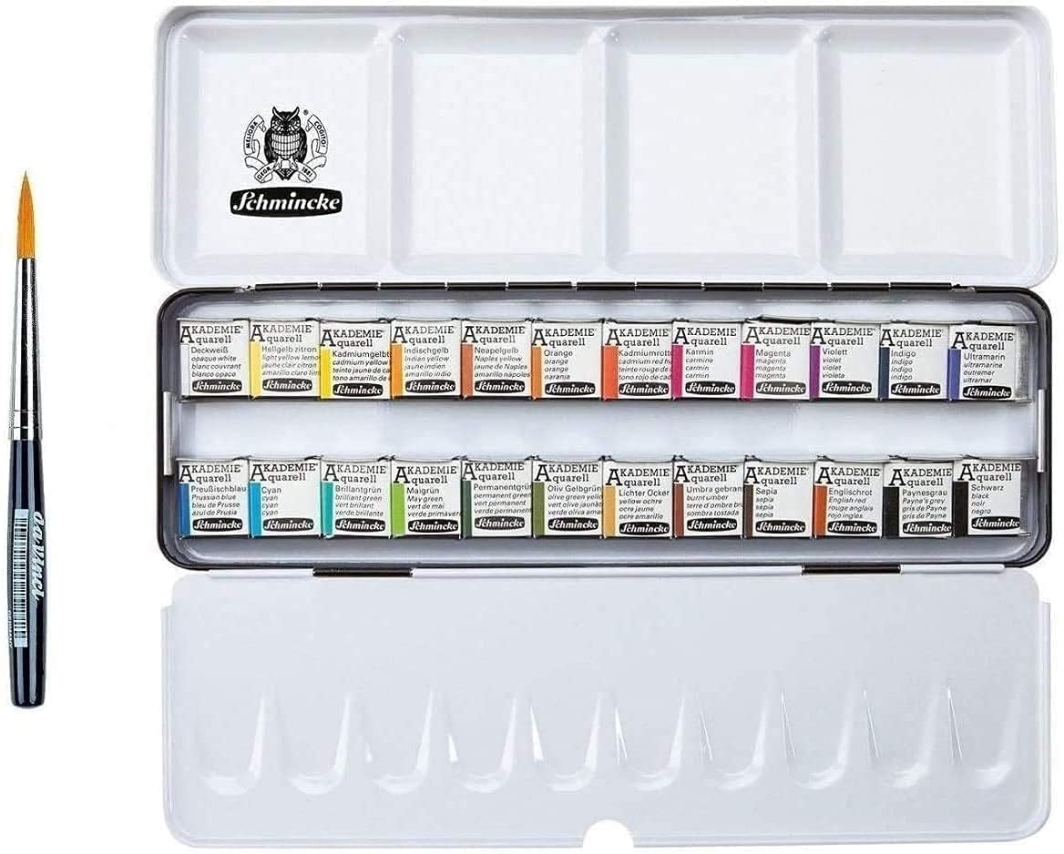 Schmincke Aquarellfarbe, Akademie Aquarell Malkasten, Metallkasten, 24 x 1/2 und Da Vinci XS Synthetic Brush Voyage Näpfchen Made in Germany