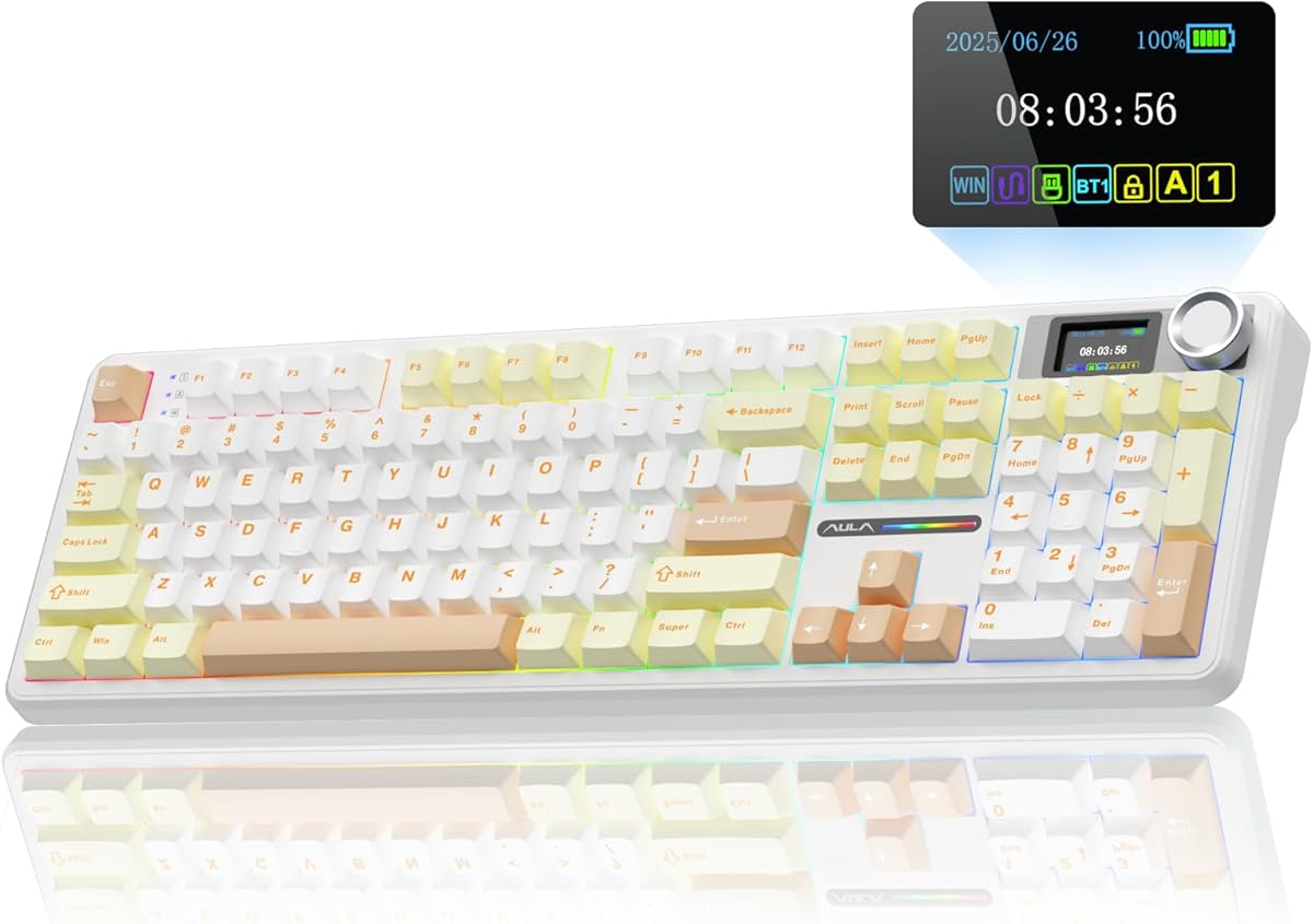 AULA F108 PRO - Wireless Mechanical Keyboard with Screen&Knob,Hot Swappable Gaming Keyboard with 8000mAh Battery,Pre-lubed Switches,RGB Backlit,PBT Keycaps Creamy Sounding Computer Keyboards,104 Keys : Video Games