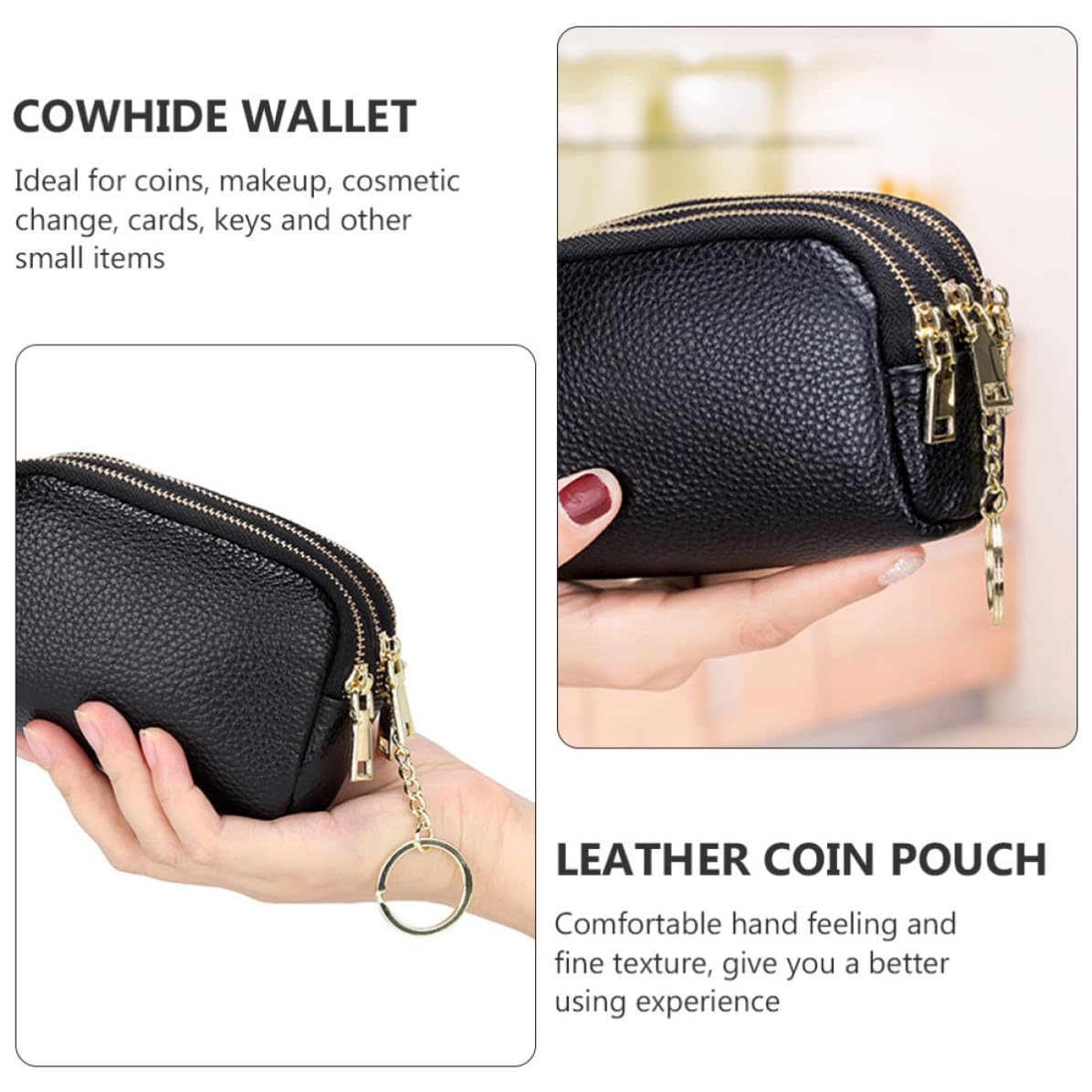 ABOOFAN Porte-Monnaie Noir en Cuir de Vachette à Fermeture Éclair