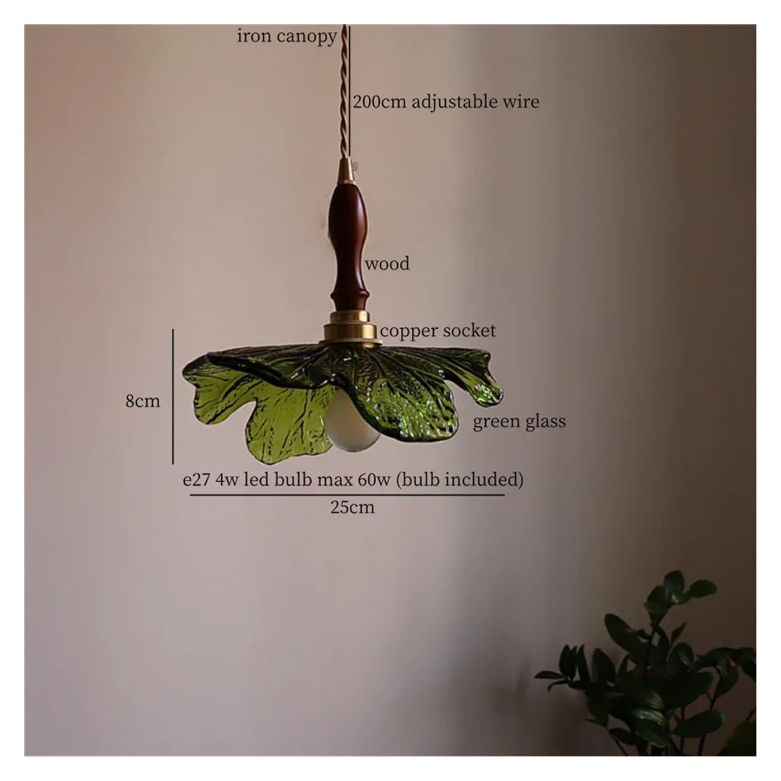 Générique Lustre, Creative Feuille LED Lampe Suspendue for Salon Cuisine Éclairage Intérieur V-intage Cuivre Verre Pendentif Hanglampen(Green)