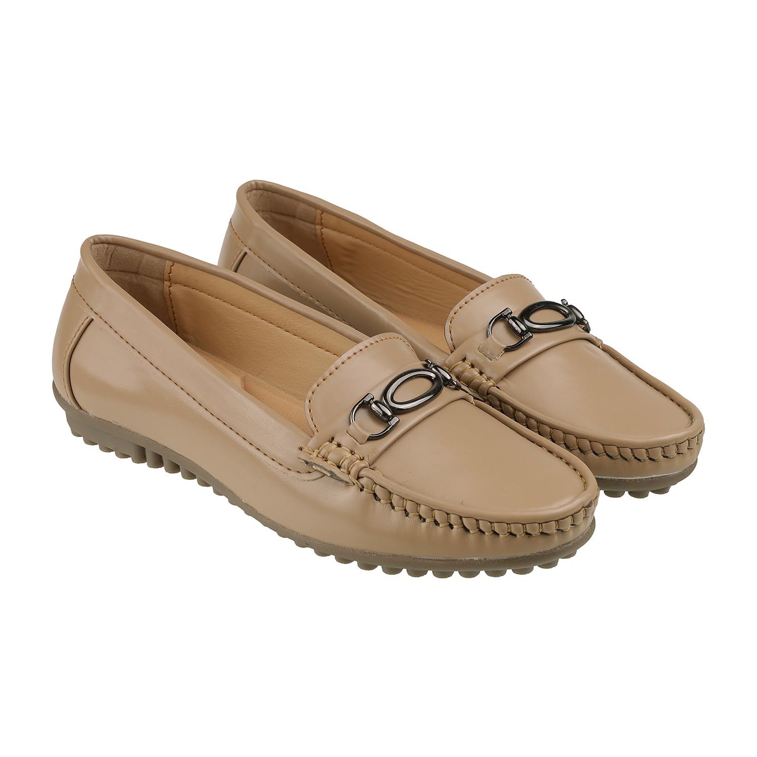 lazera Womens Loafer Shoes|Slip On Moccasins|Metallic Buckle Flats|Comfortable Fit|Chikoo|for Women-picture-13