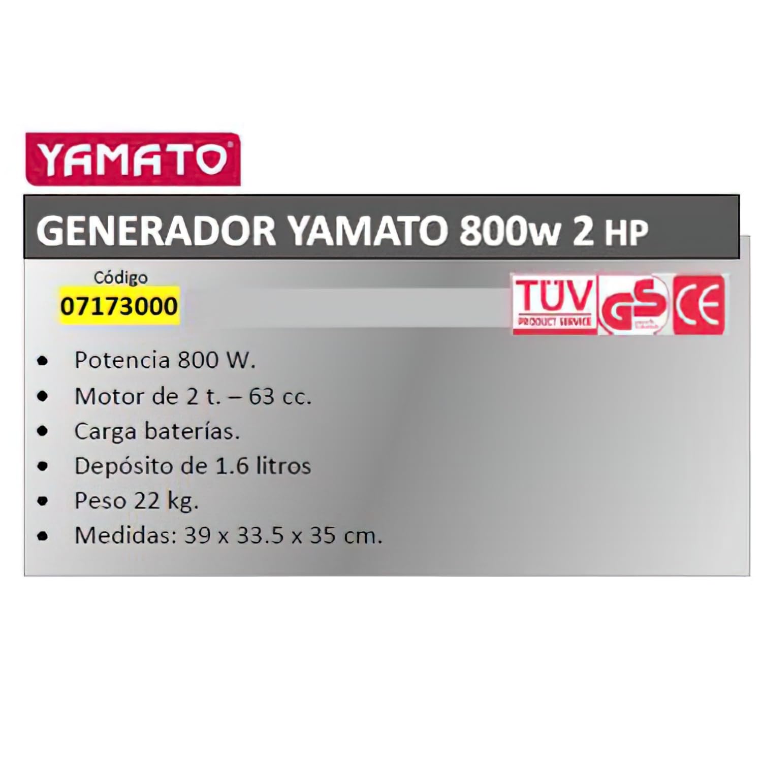 Yamato - Motogeneratore Scoppio 2 Tempi Cc 63 800Watt, Nero