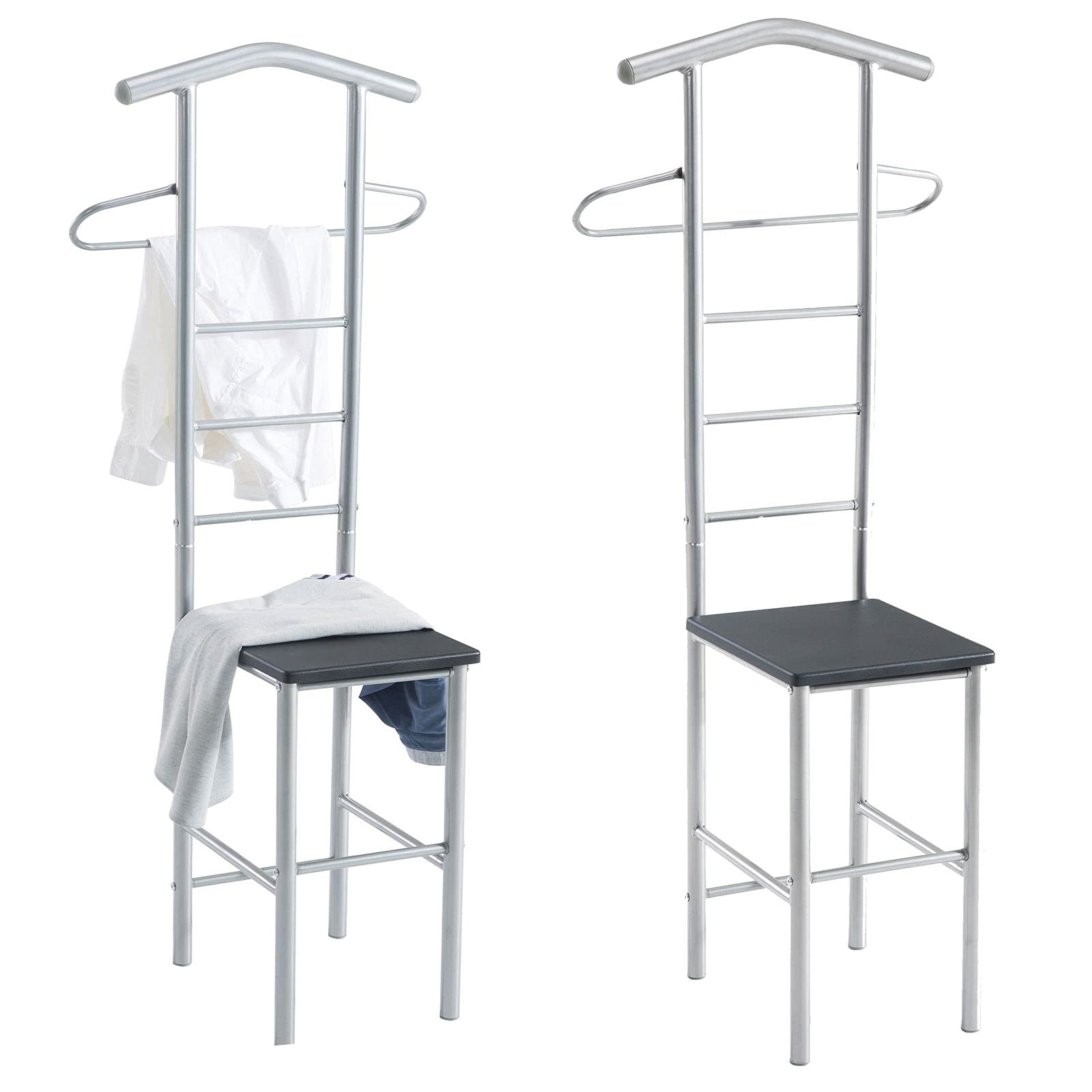 IDIMEX Lot de 2 valets de Chambre JIVO chevalets de Nuit portants pour vêtements, Structure en métal argenté avec Tablette en MDF décor Noir Mat