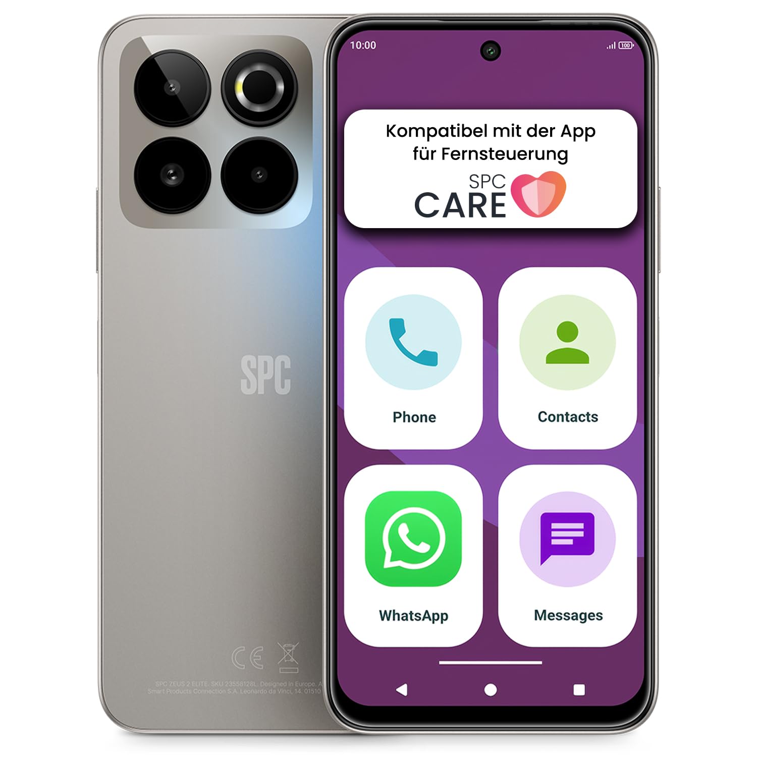 SPC Zeus 2 Elite – Smartphone Senior mit 6,7-Zoll-Display und 128GB | Triple cam 50MP, NFC und Schnellladefunktion | Easy-Mode, XL-Symbole und Kompatible mit App Fernverwaltung und -ortung – Silber