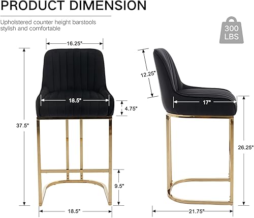Miniatura 2 de CIMOTA Juego de 2 taburetes de bar negros y dorados con respaldo, taburetes de cocina modernos, sillas de isla de terciopelo, cómodos taburetes de