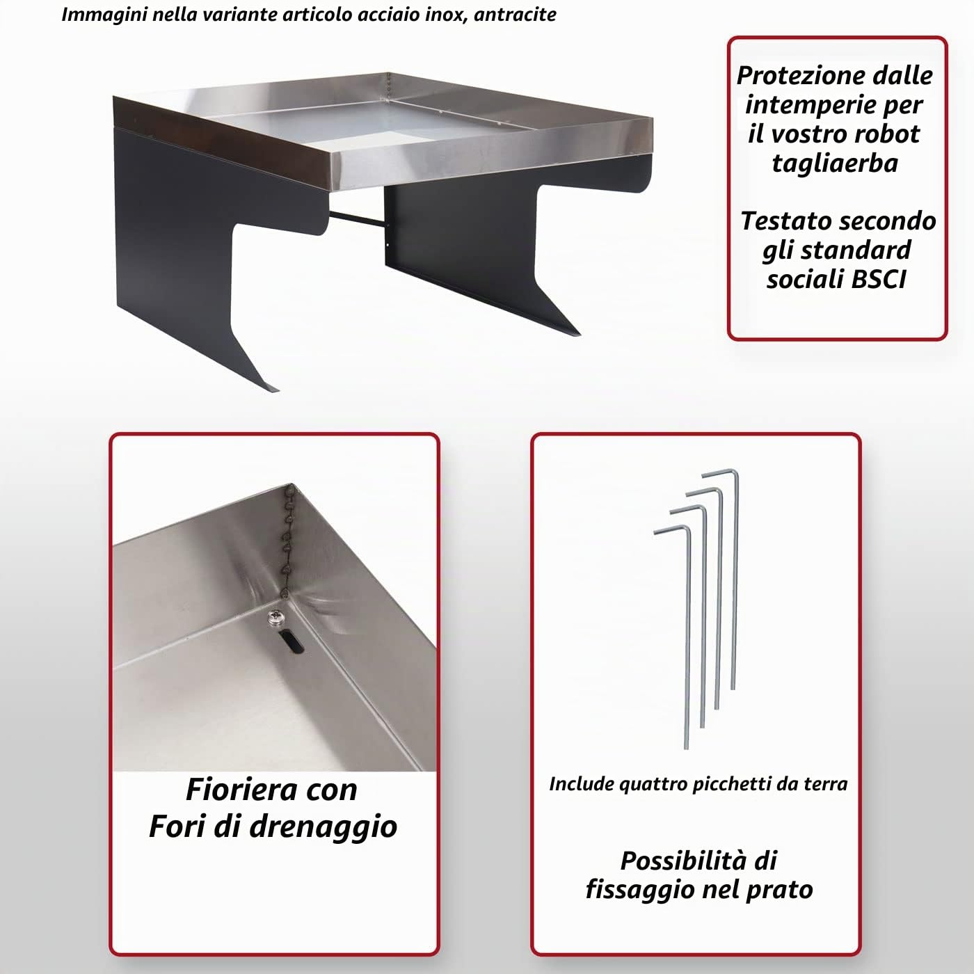 Garage riparo per robot tosaerba con fioriera HWC-G60 XL 47x70x100cm acciaio zincato - antracite