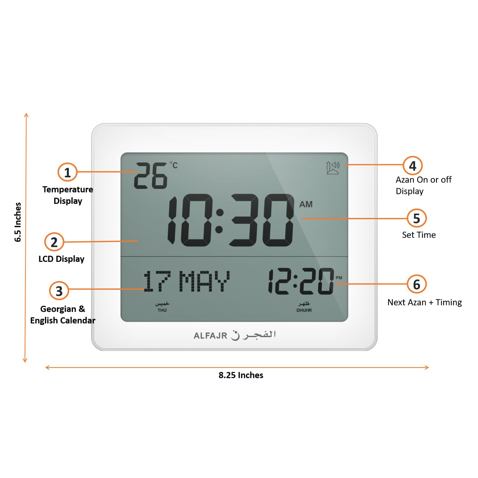 ALFAJR CF-19 Horloge de prière numérique automatique avec cadre amovible Blanc