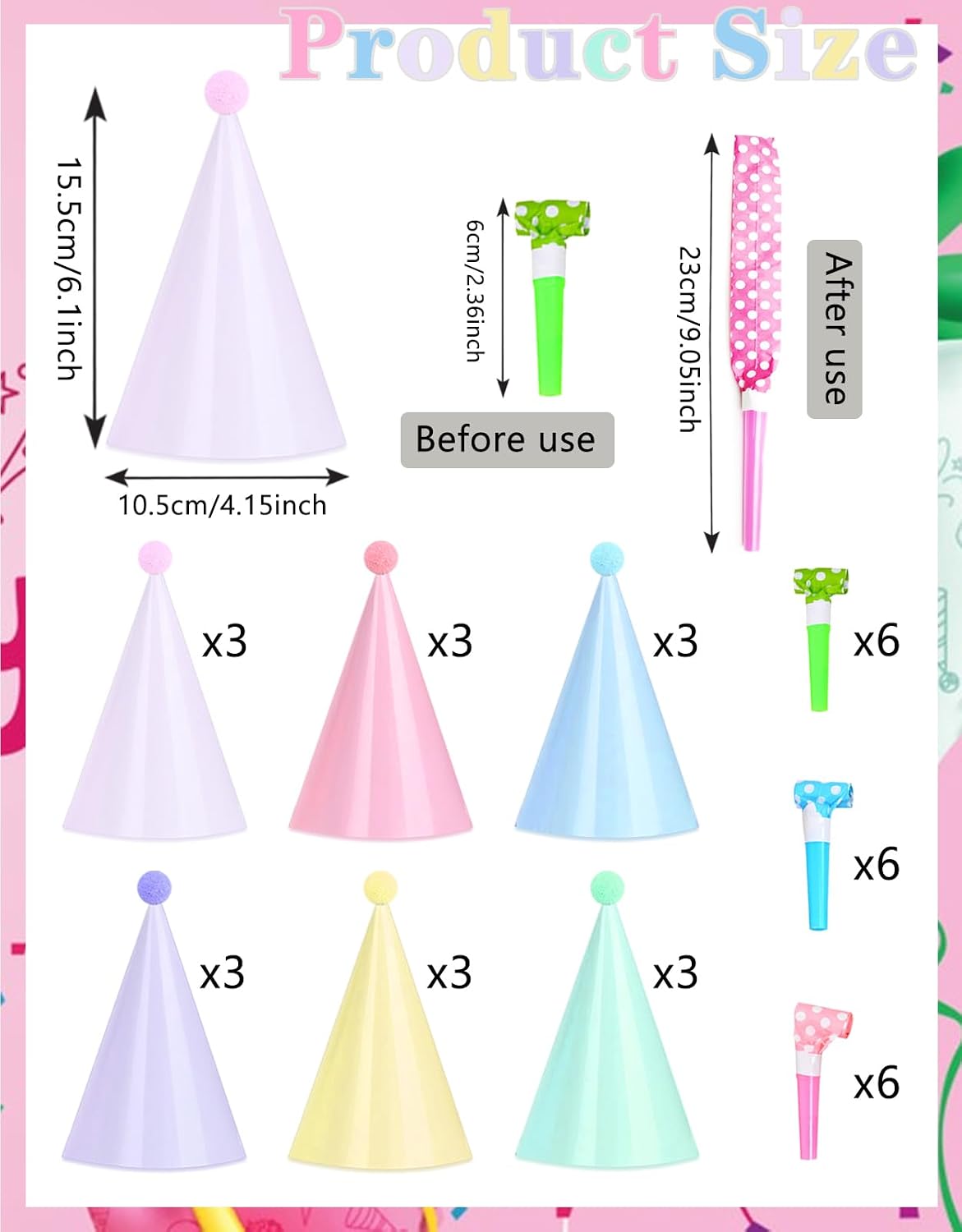36 pcs Rainbow Party Hats-18 Pastel Rainbow Birthday Party Cone Hats and 18 Colorful Noise Makers for Birthday, Bridal Shower Wedding Party Supplies