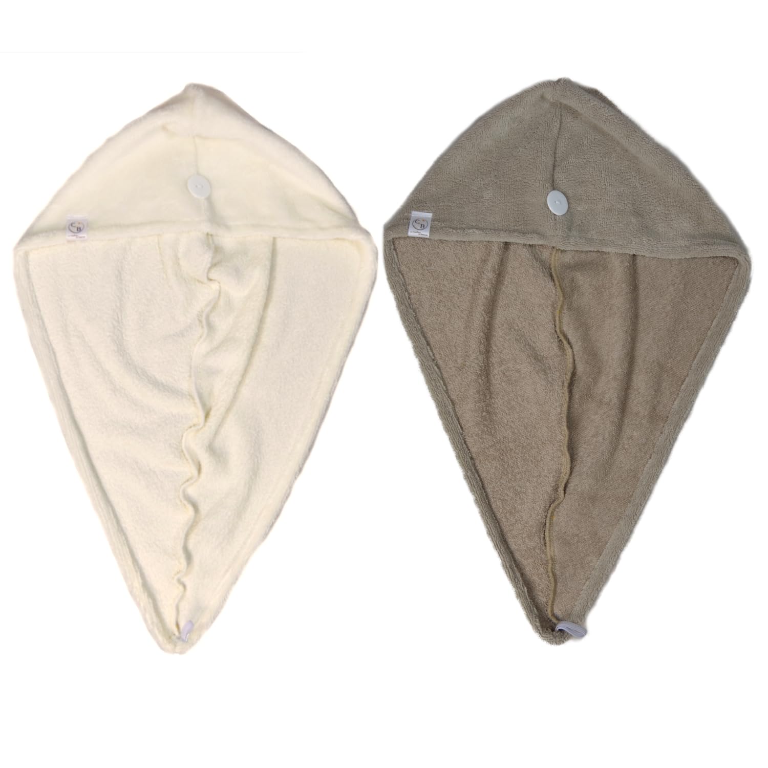 Toalla para el Cabello de Microfibra de bambú x2 – Absorbente y Suave – Secado rápido – Turbante con Cierre de botón – Fabricación Francesa (Beige Claro Capuchino)