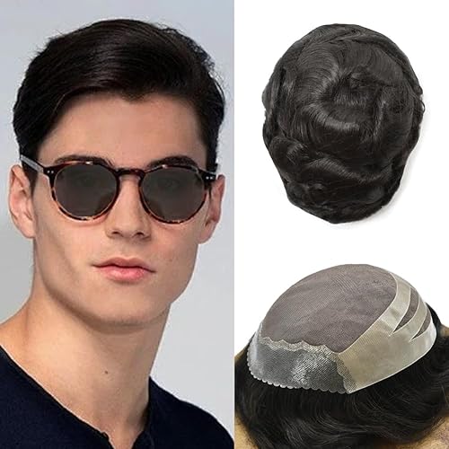 Fine Mono Toupee For Men Real Human Hair Replacement System Natural Hairline Hair Piece Mens Toupee Durable Clear PU Front Hair System For Men