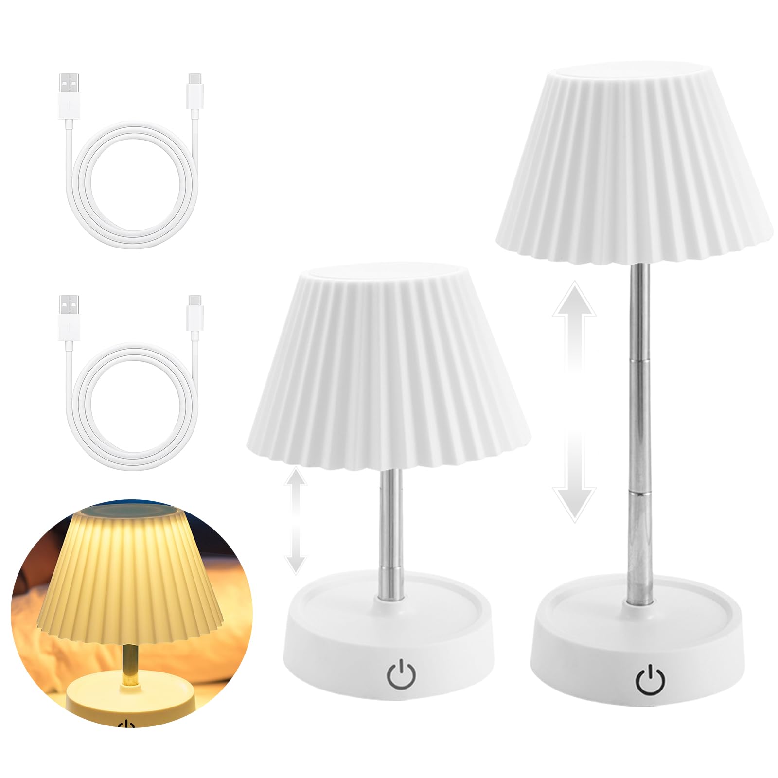 WIYETY Lámpara de mesa con batería LED recargable: 2 piezas lámpara de mesa con batería recargable USB, lámpara de mesa telescópica regulable con batería, lámpara de mesa táctil, adecuada para mesitas