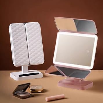 Makeup Mirror with Lights, Smart Mirrors Makeup LED Lights, 180 Rotation Trifold Cosmetic Vanity Mirrors with Magnification, Vanity Mirror with Lights for Women Girls Home Travel (Pink)
