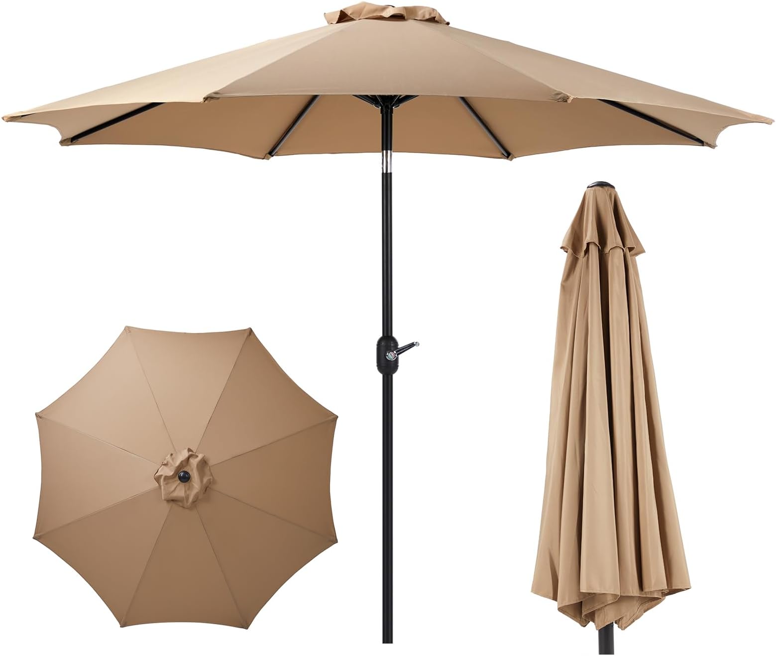 OLIXIS 9' Outdoor Patio Umbrella, Outdoor Table Umbrella with 8 Sturdy Ribs, Market Yard Umbrella with Push Button Tilt and Crank for Garden, Terrace, Beach, Backyard, Outdoor Pool - Beige
