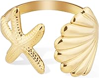 Mikovivi Gold Starfish Seashell Ring - Adjustable Stainless Steel Beach Jewelry for Women, Summer Stacking Gift