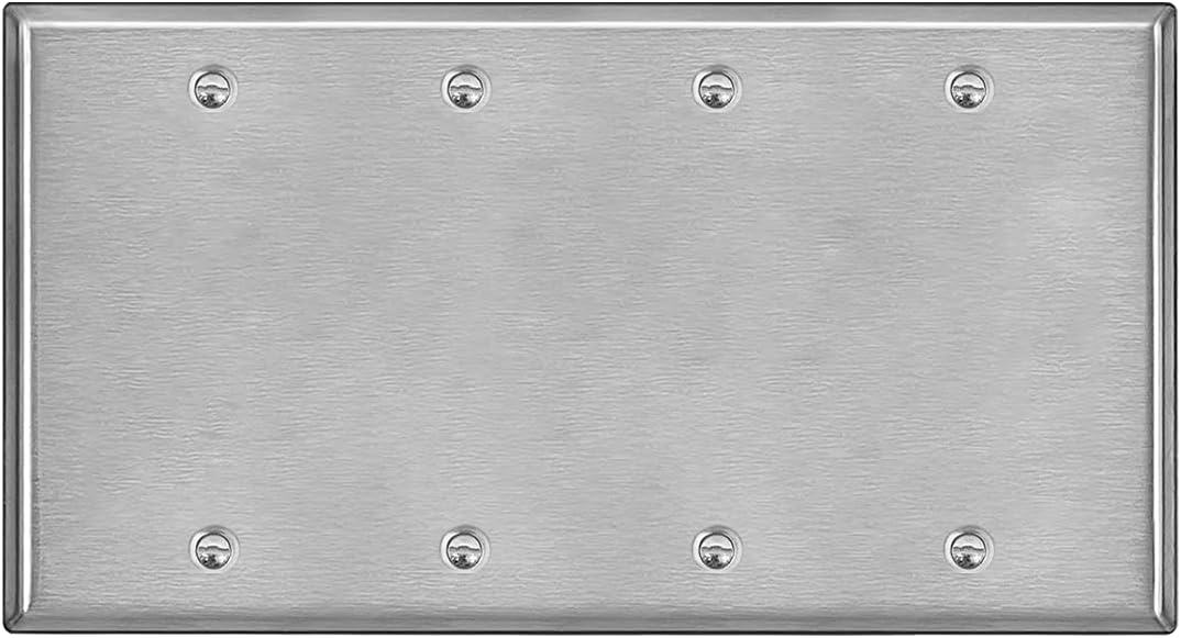 BESTTEN 4-Gang Blank Metal Wall Plate with Ｗhite or Clear Plastic Film, Corrosion-Resistant No Device Stainless Steel Outlet Cover, Standard Size, Brushed Finished, H4.53” x W8.23”