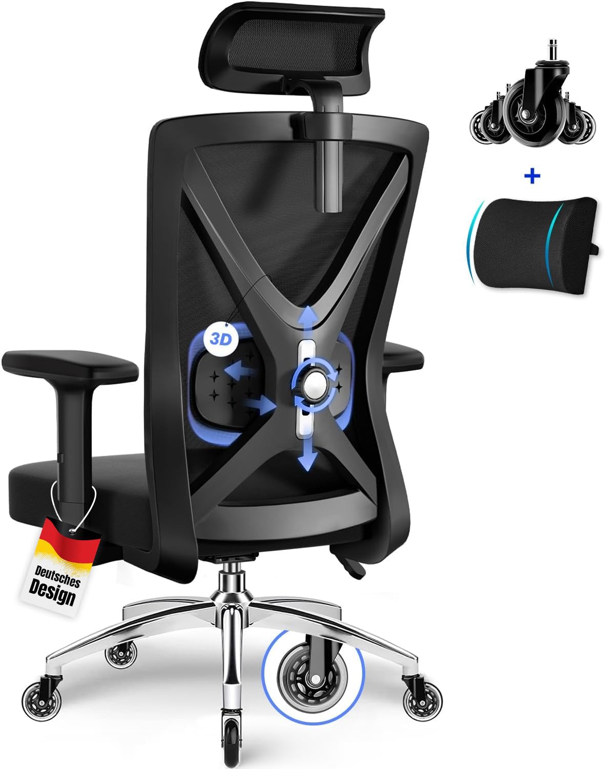 Daccormax Bürostuhl, Bürostuhl Ergonomisch Schreibtischstuhl mit Verstellbaren Armlehnen, weiche Lendenstütze aus Naturschwamm und Kopfstütze, Chefsessel Drehstuhl Wippfunktion 200kg, Tiefschwarz