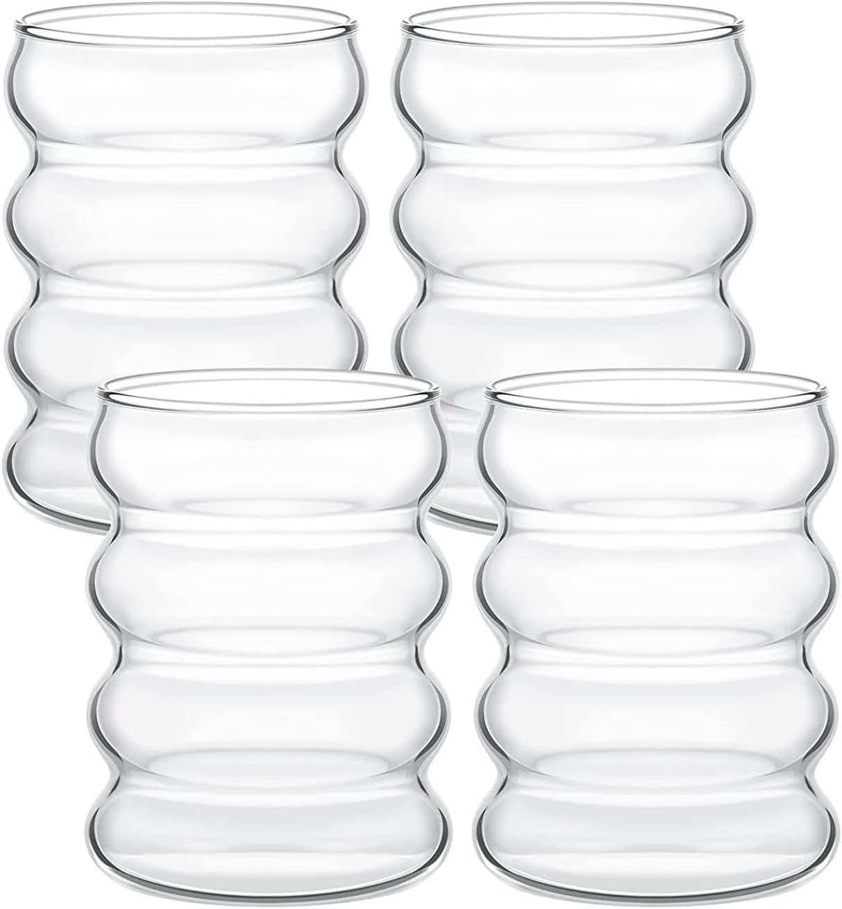 Ribbed Glass Cup, Drinking Glass Set, Single Layer Corrugated Mug, Vintage Aesthetic Wave Shape Iced Coffee Beverage Glassware for Tea Juice Milk (3)
