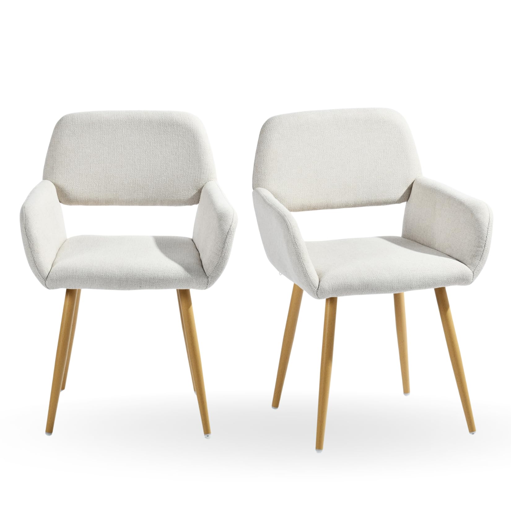 Homy Casa Dining Chairs Set of 2 Beige Fabric Upholstered Desk Chairs with Arms and Metal Legs for Home Study,Living room, Kitchen,Dining Room, Beige & Oak legs