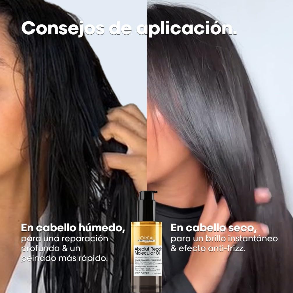 L'Oréal Professionnel Absolut Repair Molecular Aceite Bifásico Reparador 100 Horas de Brillo Antifrizz Protector Térmico Sin Aclarado