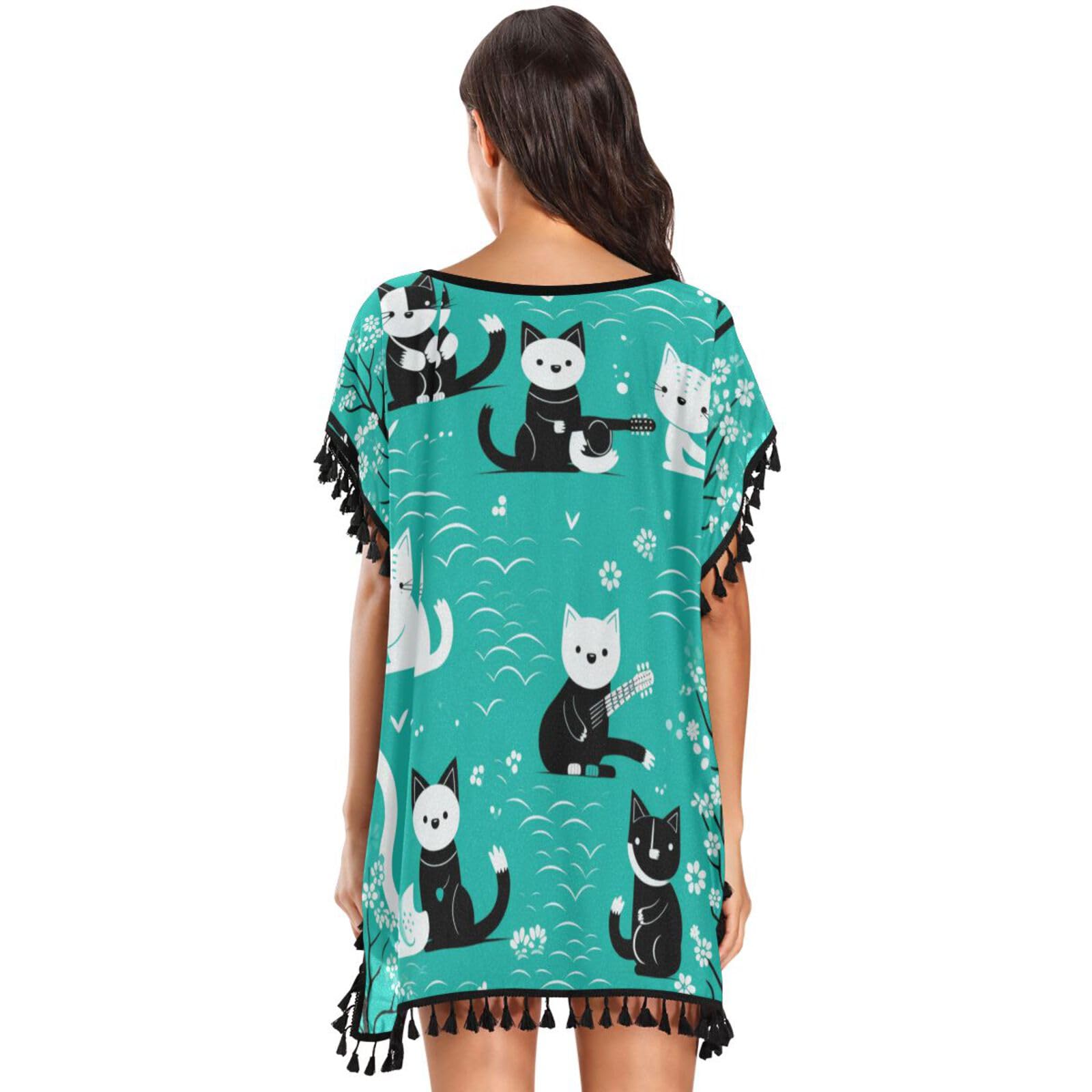 Cute Blue Cats Women's Beach Cover Up Chiffon Tassel Swimwear Swimsuit Coverups for Girl