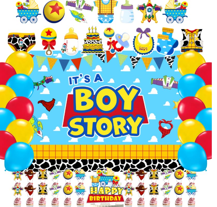 Cartoon Toy Baby Shower Decorations for Boys Blue Toy Inspired Story Its A Boy Story Supplies Backdrop Balloon Banner Cake Topper