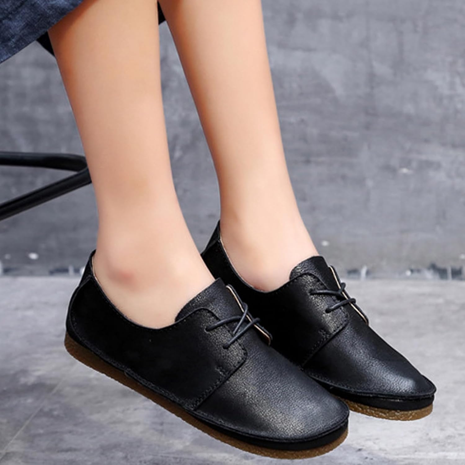 Women's Leather Round Toe Soft Sole Flat Casual Oxford Shoes Retro Soft Foldable Sole Non-Slip Lightweight Business Driving Work Barefoot Lace-Up Dress Shoes