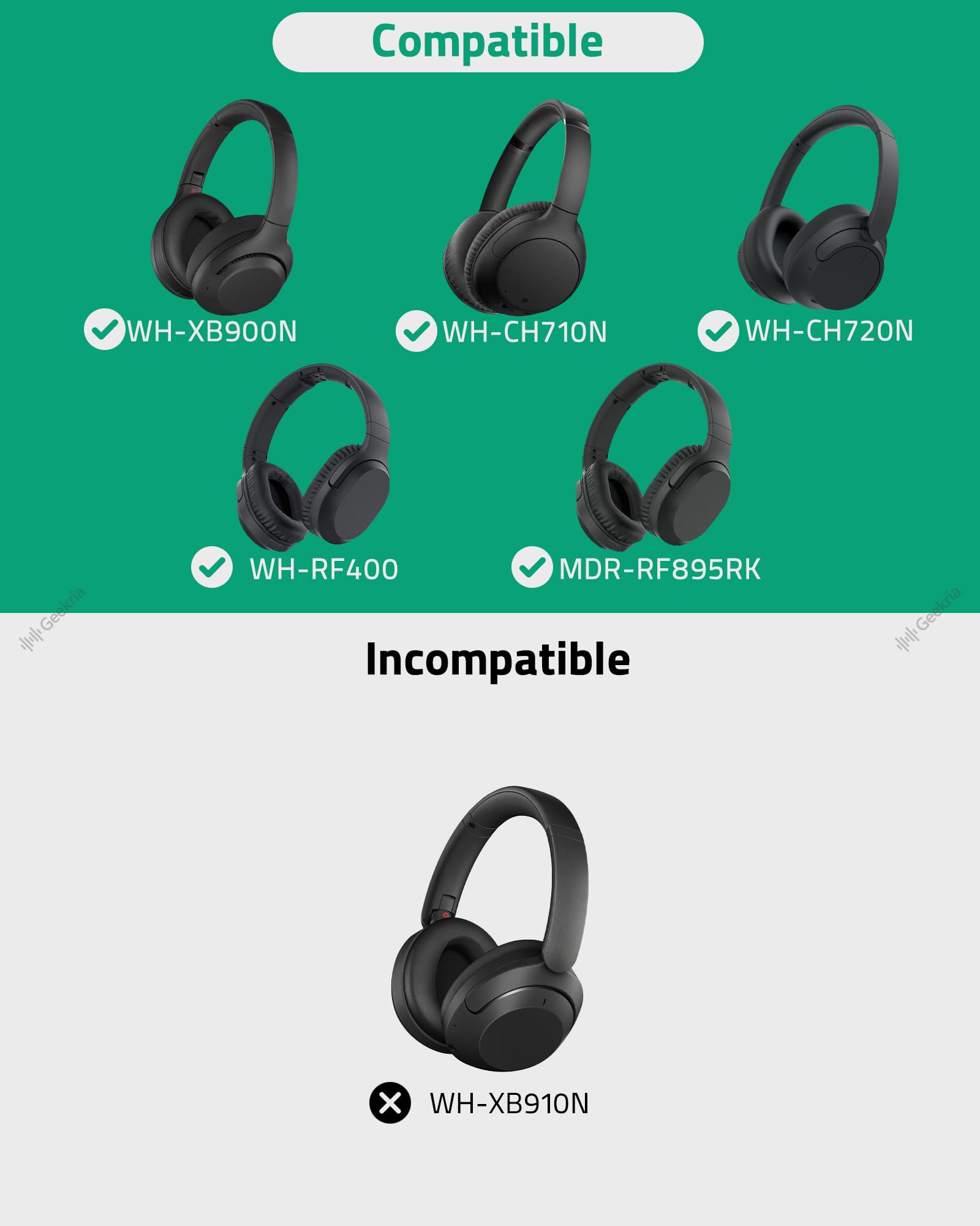 Geekria QuickFit Replacement Ear Pads for Sony WH-XB900N/ WH-CH710N/ WH-CH720N/ WH-RF400/ MDR-RF895RK Headphones Ear Cushions, Repair Parts (Black)