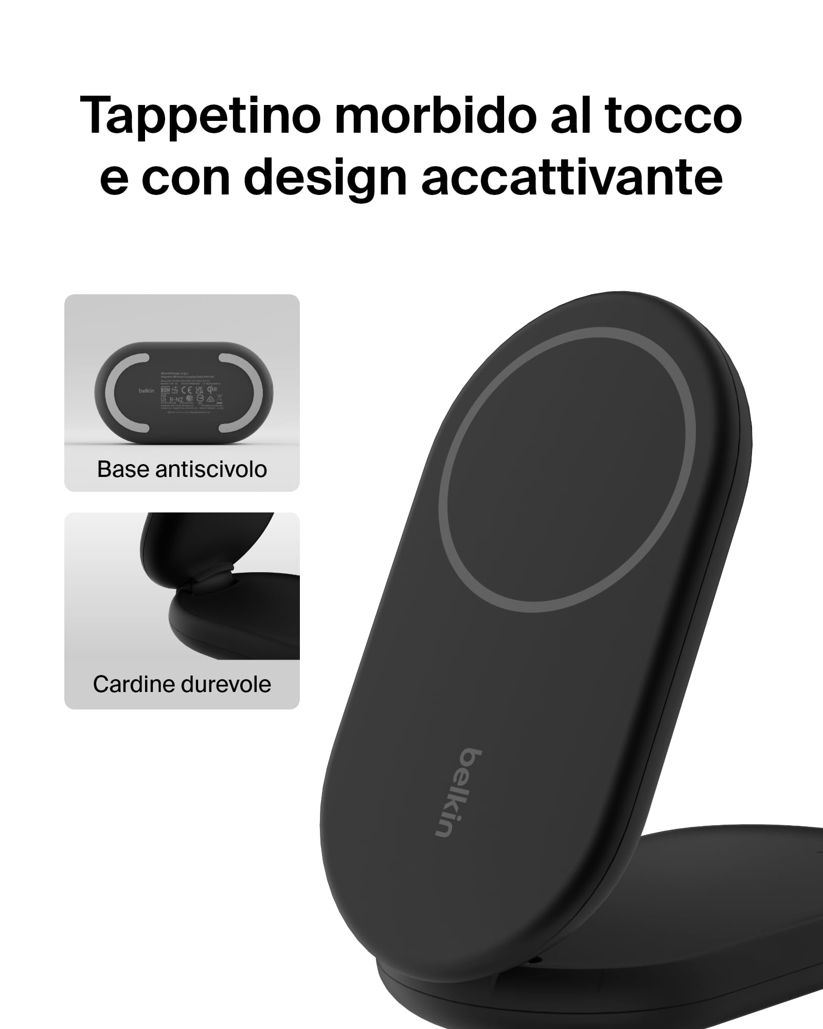 Belkin BoostCharge Caricabatteria magnetico pieghevole 2 in 1 con Qi2 15W, Caricatore wireless compatibile con MagSafe, ricarica rapida per Apple iPhone 17, iPhone Air, Pixelsnap, alimentatore - Nero