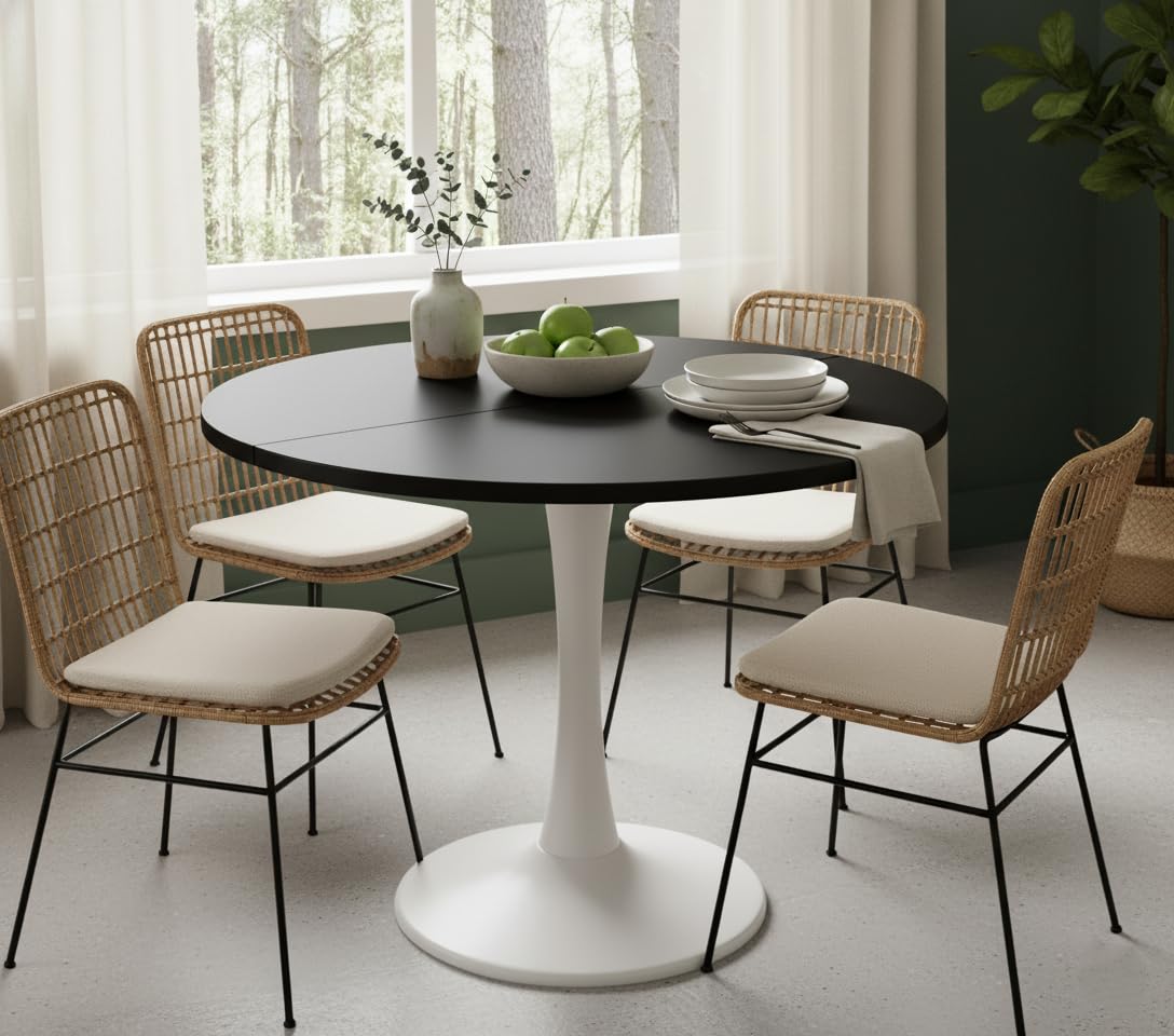 Nowoczesny wysuwany stół do jadalni owalny/okrągły design 100-140 cm drewniany blat czarne wykończenie siedzenia 2-6 idealne do kuchni i salonu stylowe i funkcjonalne rozwiązanie do jadalni