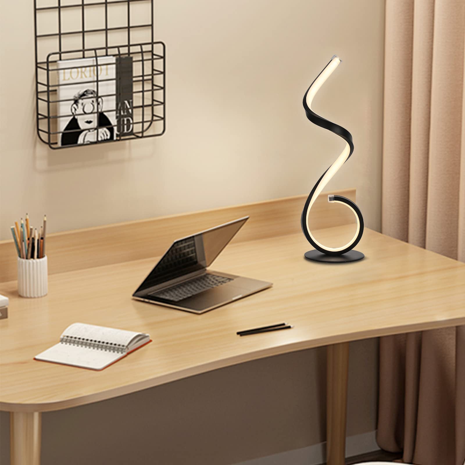 Lampada da tavolo a LED, design a spirale, 22 W, touch dimmabile, moderna, bianco caldo, 3 modalità colore, 10 livelli luminosità, per camera da letto, ufficio