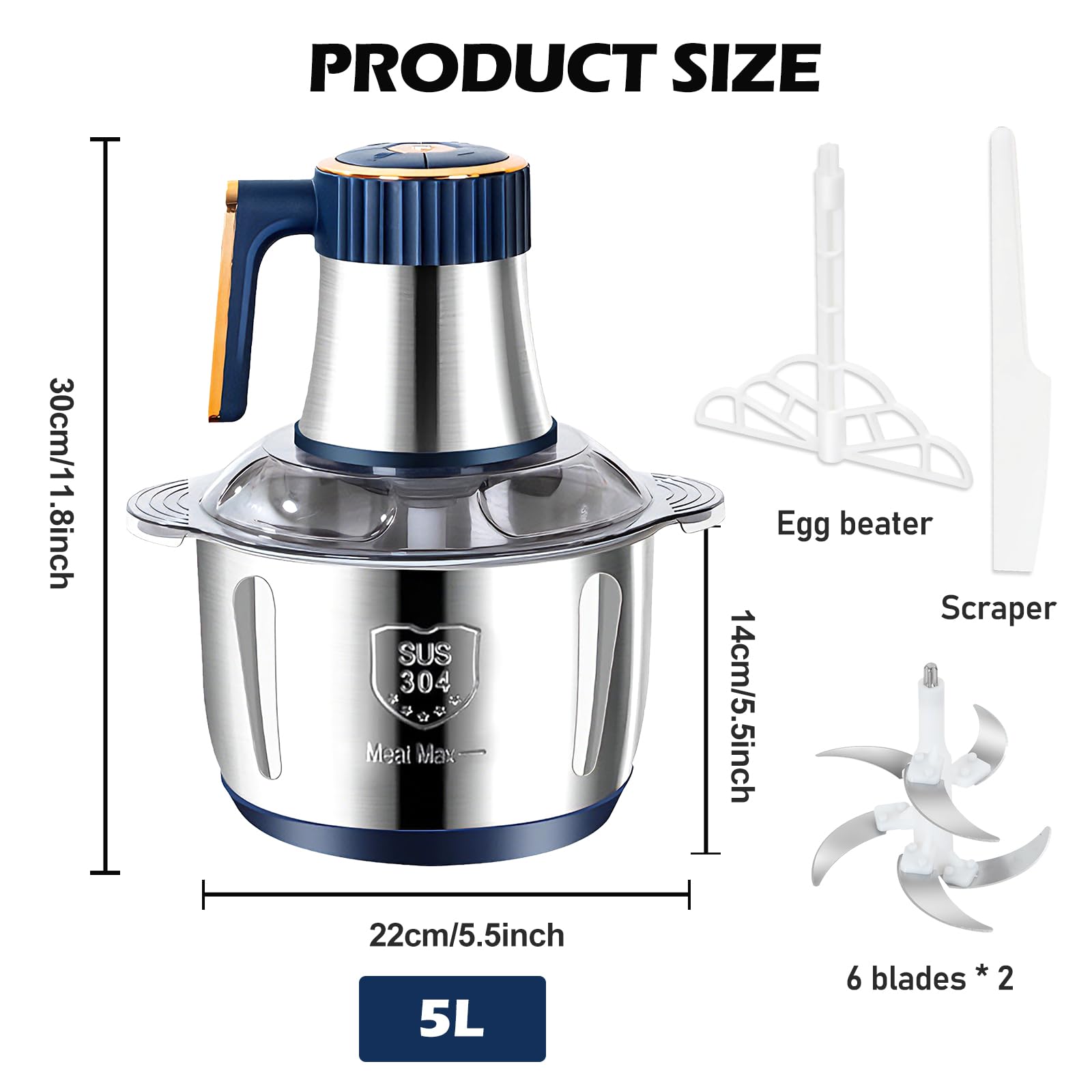 Hachoir Électrique 5L, Mixeur Hachoir 500W avec 5 Vitesses, Lames en Acier Inoxydable 6 Pales, Fouet et Spatule, pour Viande, Légumes