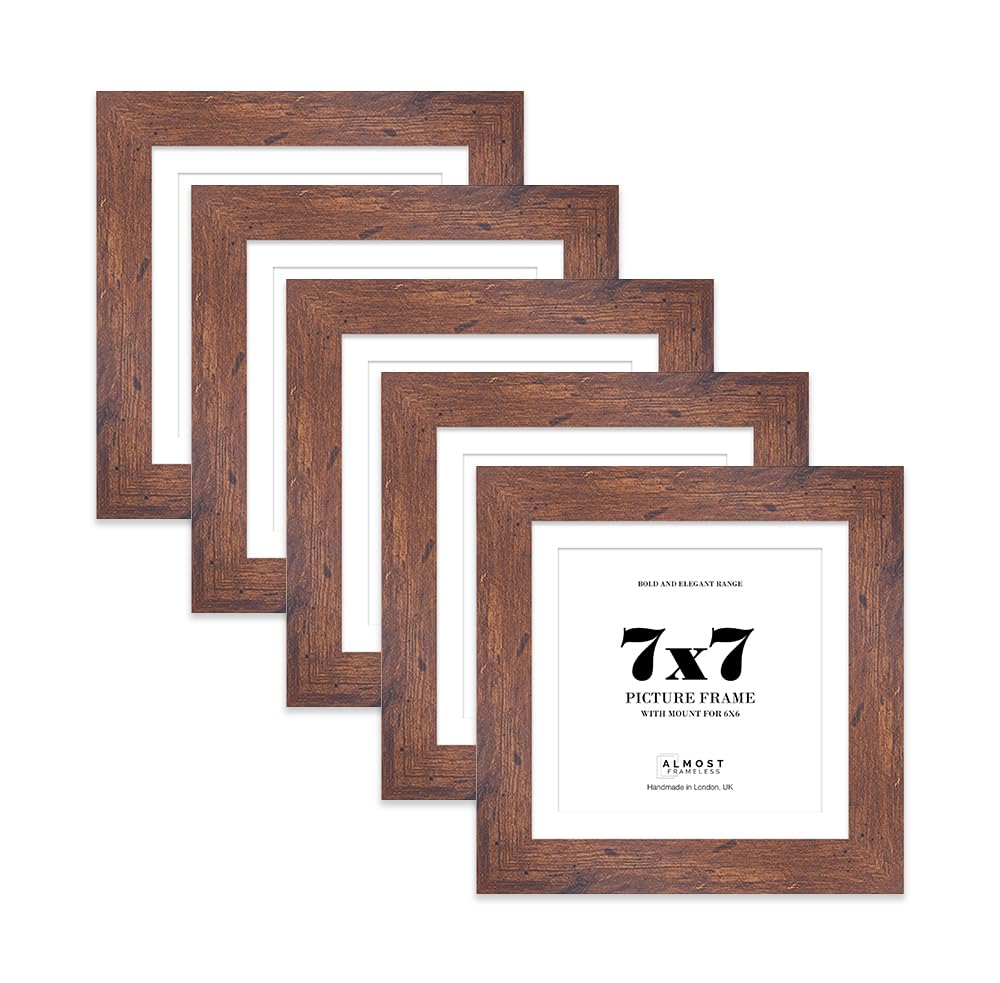 7x7" Rustic Wood Square Frame With Mount for 6x6" Pictures 28mm Edge Frame Display with Wall Hooks and Kickstand, 5 Pack