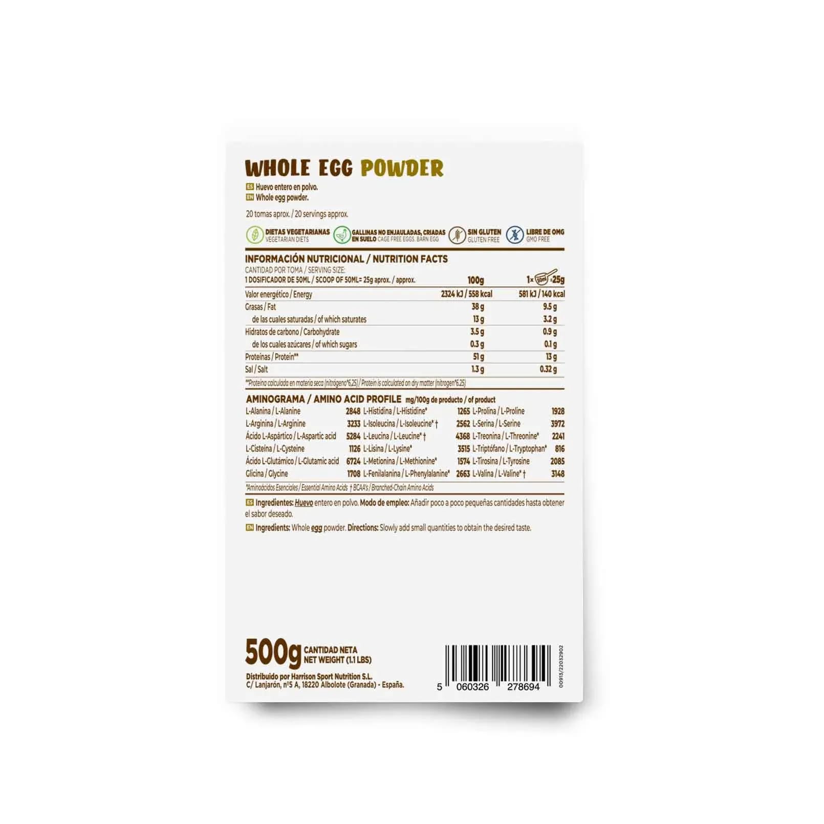 HSN Huevo Entero en Polvo | Sabor Natural 500g | 100% Pura Proteína de Huevos de Gallinas de Suelo no Enjauladas | No-GMO, Vegetariano, Sin Gluten ni Lactosa | No Incluye Dosificador