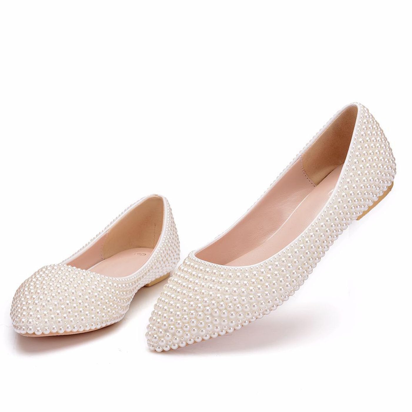 Buty ślubne damskie, eleganckie baletki z perłą, wygodne balerinki ze szpiczastym noskiem,Beige,40